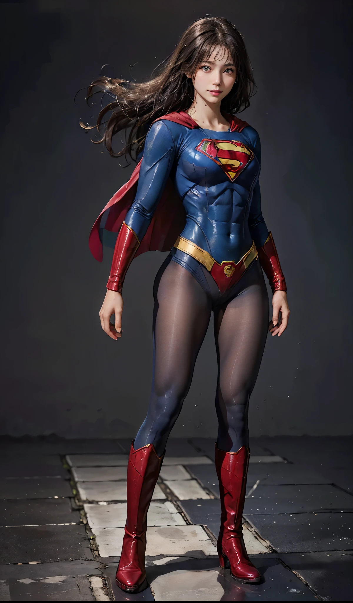 No background、(((Beautiful legs in black tights.)))、(((Legally express the beauty of your smile)))、((((Make the most of your original images)))、(((Supergirl Costume)))、(((Beautiful Hair)))、(((suffering)))、(((Please wear black tights....、Wear red boots)))、((Best image quality、8k))、((highest quality、8k、masterpiece:1.3))、(((Preserve background )))、Sharp focus:1.2、Beautiful woman with perfect figure:1.4、Slim Abs:1.2、Wet body:1.5、Highly detailed face and skin texture、8k