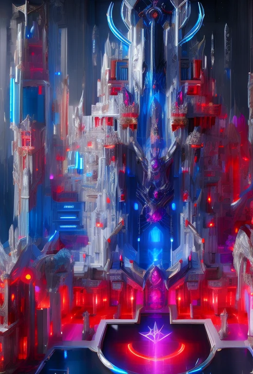 Palacess, cyberpunked palace skycraper fortress,holy swords themed decourations, aggressive  design, blue and red colors, black night sky, futuristic  city, 8k uhd, ultra realistic, ultra detailed, ((photorealistic, masterpiece)), giant holy sword in top of it