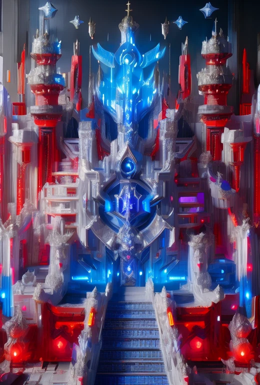 Palacess, cyberpunked palace skycraper fortress,holy swords themed decourations, aggressive  design, blue and red colors, black night sky, futuristic  city, 8k uhd, ultra realistic, ultra detailed, ((photorealistic, masterpiece)), giant holy sword in top of it