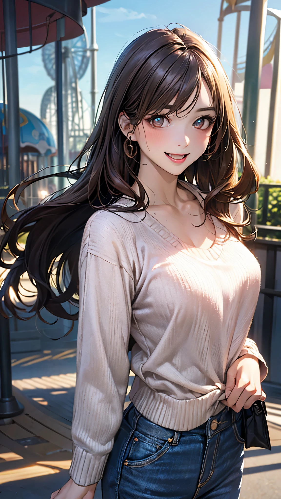 (masterpiece:1.2, top-quality), (realistic, photorealistic:1.4), beautiful illustration, (natural side lighting, movie lighting), nsfw,
looking at viewer, back view, from back, from behind, face focus, upper body, 1 girl, japanese, high school girl, perfect face, cute and symmetrical face, babyface, shiny skin,
(long hair, straight hair, hair flaps, bronze hair), swept bangs, gold eyes, long eye lasher, (medium breasts), slender,
beautiful hair, beautiful face, beautiful detailed eyes, beautiful clavicle, beautiful body, beautiful chest, beautiful thigh, beautiful legs, beautiful fingers,
(detailed cloth texture, break, long sleeves pink sweater, break, denim short),
(beautiful scenery), morning, (amusement park, go-round, ferris wheel), (walking, turn around, arched back, dynamic pose), (lovely smile, open mouth),
