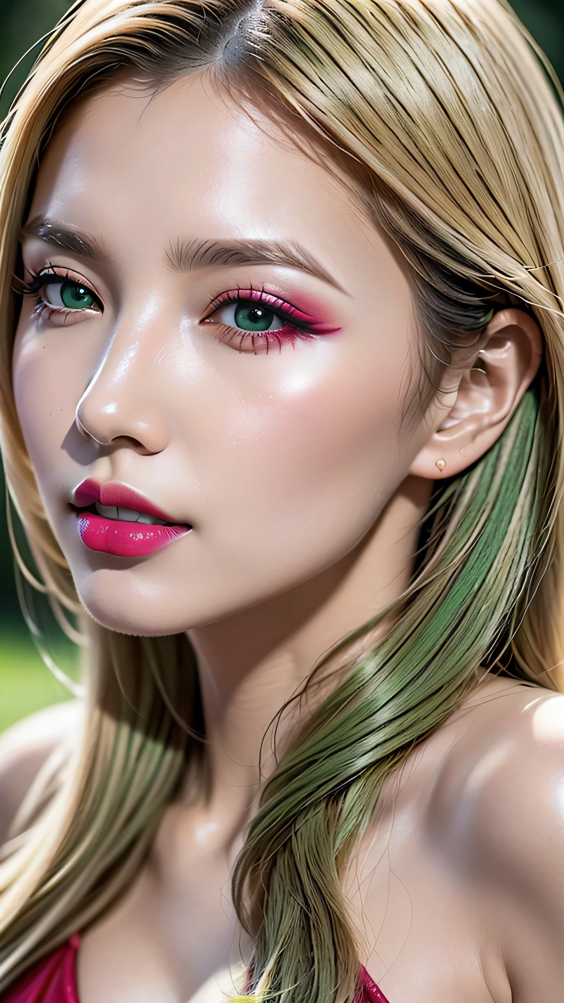 (1girl:1.35, 20-year-old), Realism, (highest resolution), (best high quality real texture skin:1.3, A woman with velvety skin:1.2),  ((best high quality real texture hair)), BREAK, (blonde hair (intakes) extremely detailed:1.2), ((perfect proportions)),((anatomically correct)), ((firm and full breasts)), (the most absurd quality perfect eyes), (super detail beautiful slim and sharp-face), (light pale complexion), ((Insanely detail clear and sharp non blurry perfect round realistic light green_eyes:1.25)), finely detailed pupils, detailed lips:1.3, (long_blue_eyeliner), (pink_lipstick:1.35), ((perfect red_eyeshadows:1.3)), (Detailed nose:1.2), ((Upper body shot)),