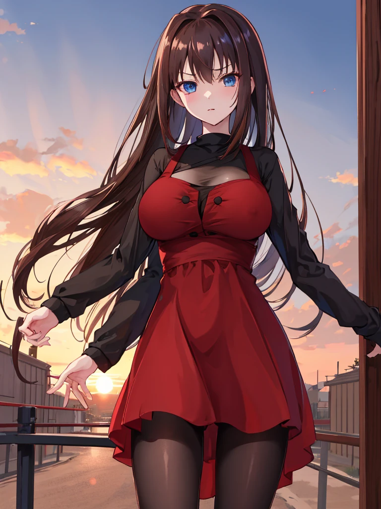 masutepiece, Best Quality, hight resolution, nffsw, Long hair, Brown hair, Black shirt, Red dress, Long sleeves, Black pantyhose, Cowboy Shot, Standing, Street, Looking at Viewer, Sunset､Blue eyes､ large Breast , nsfw, nipple