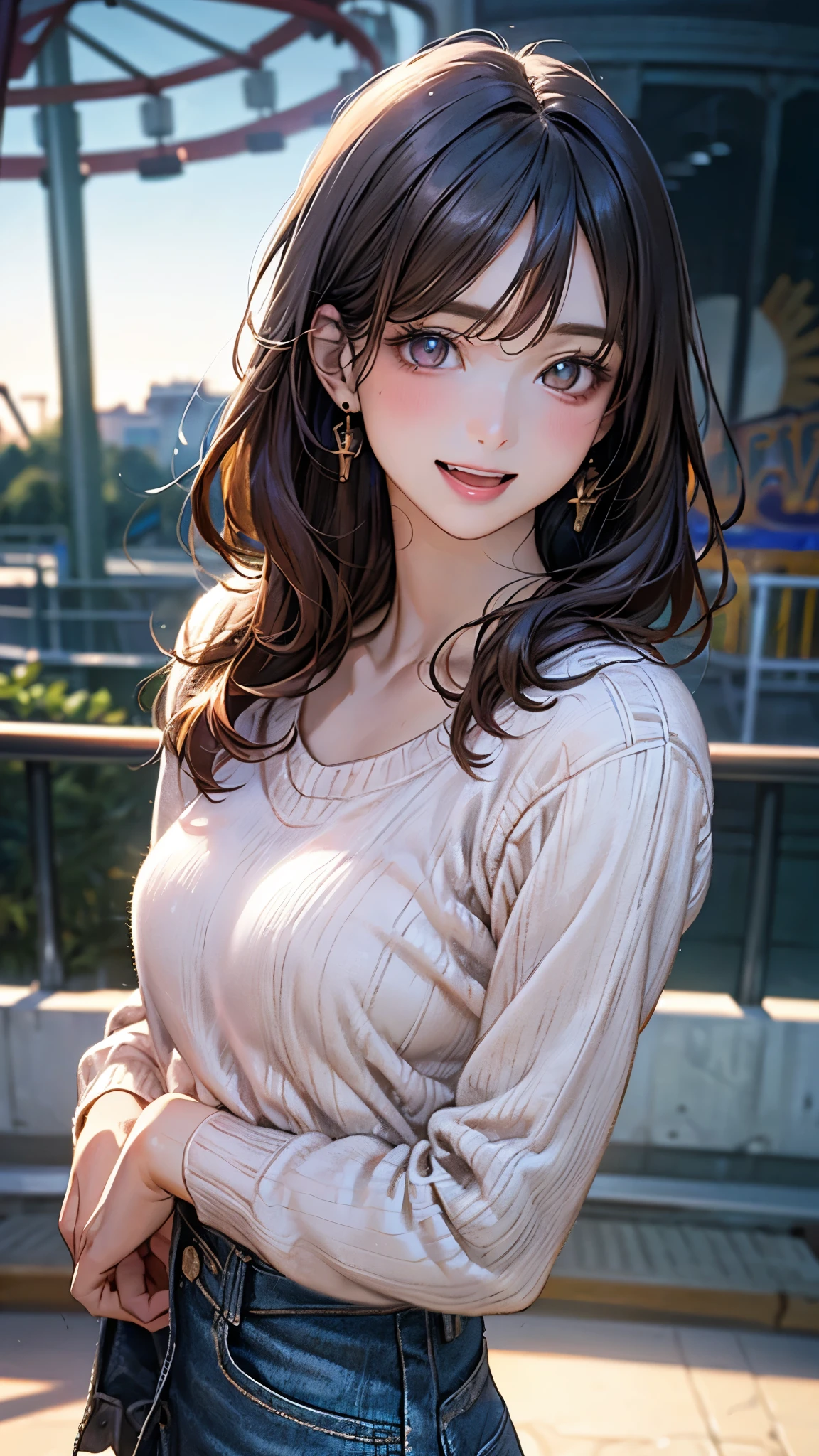 (Masterpiece:1.5, Highest quality, Realistic:1.2), Beautiful illustrations, (Natural Side Lighting, Cinema Lighting), , View your viewers, 1 person, Japanese, Beautiful adult woman:24-years-old, Perfect Face, Cute and symmetrical face, Glowing Skin, (Long Hair:1.5, Straight hair:1.4, Light brown hair), Blunt bangs, Swept-apart bangs, Big eyes, Droopy eyes, Purple eyes, Long eyelashes, (Medium chest), thin, Beautiful Hair, Beautiful Face, Beautiful attention to detail, Beautiful clavicle, Beautiful body,Beautiful thighs, Beautiful feet, Beautiful fingers, ((Off-the-shoulder knit、1 handbag、Diamond Necklace、mini skirt、Fishnet tights)), smile,, (Beautiful views), evening, (Outdoor),, Are standing, (かわいらしいsmile, Upward glance),