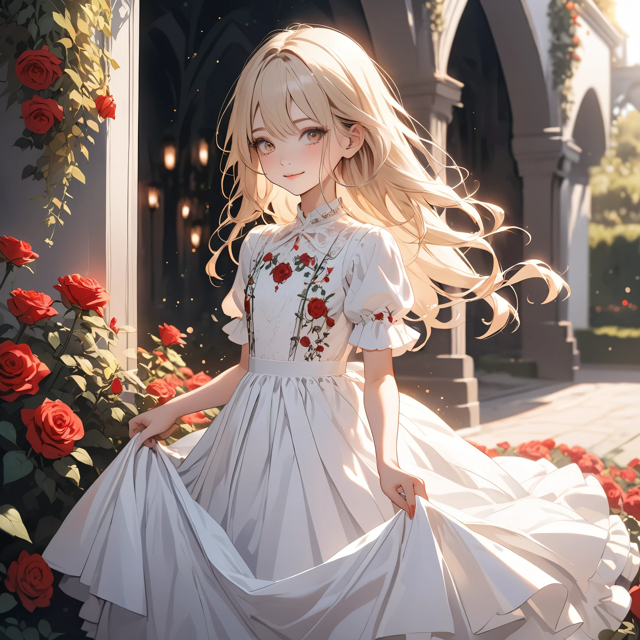 ((Masterpiece)), (Anime:1.5), ((best quality)), (Professional Photography:1.2), (), ((1girl)), Textured skin, cinematic lighting, 1girl, ((Beautiful Gothic Lolita pure-white-Dresses)), (very hoop-dress), Luxury roses embroidery, cute innocent young girl, ((loose swept bangs)), Slender and small breasts, (long silky blond hair), (gothic lolita makeup), ((bags under the eyes)), lower eyelashes, beautiful hair, smile, (blush), Light particles, ((Lift the skirt with hand)), in beautiful Fantastic garden, (red roses garden)