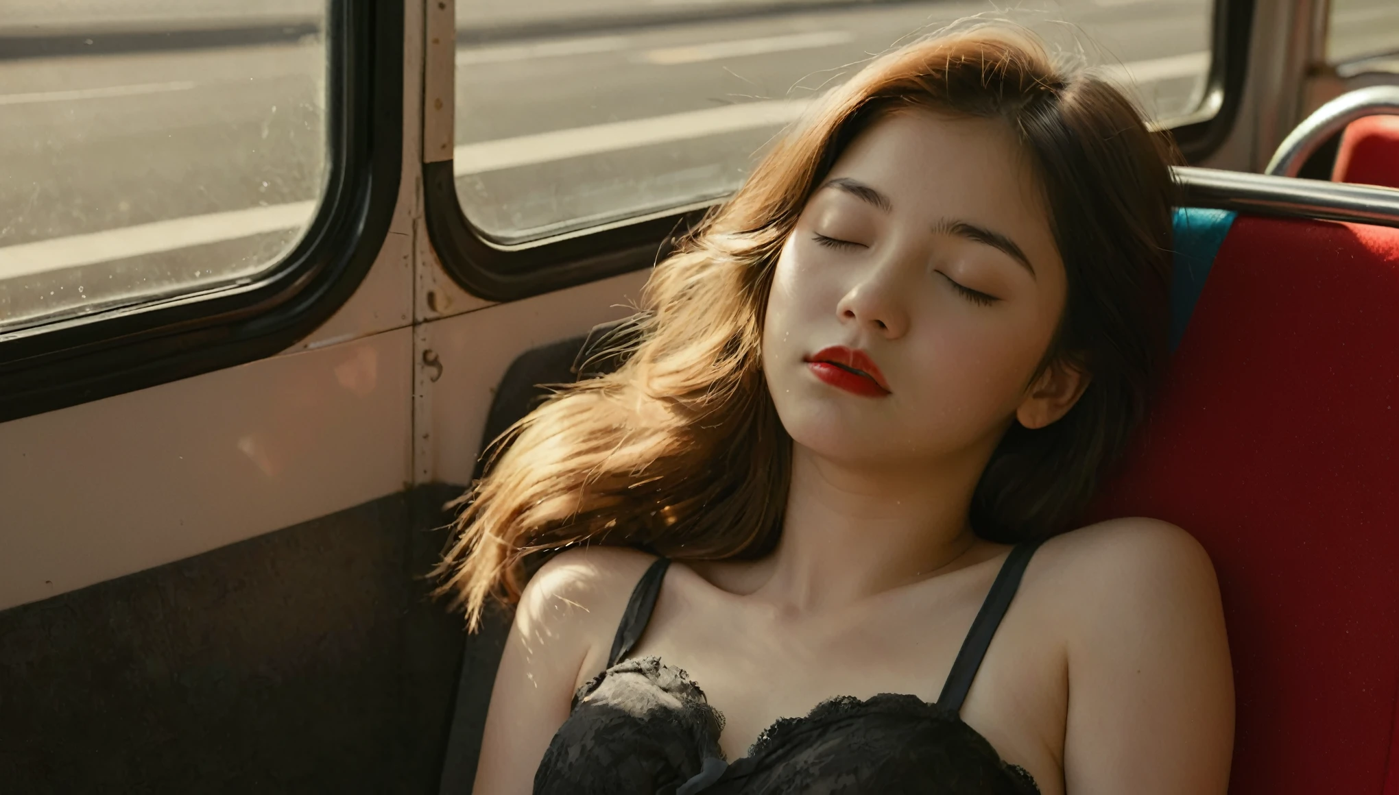 This is a high resolution photo of a cute 25 year old girl sleeping with her eyes closed, She opened her mouth, Her red lips were slightly parted, Her hair is messy、Straight and neat. Her underwear and shoes are faintly visible in the photo., There is also a scene where her buttocks are accidentally exposed.. The photo was taken in natural light, Contrast of sunlight and shadow. The background was taken on a bus, On the seat.