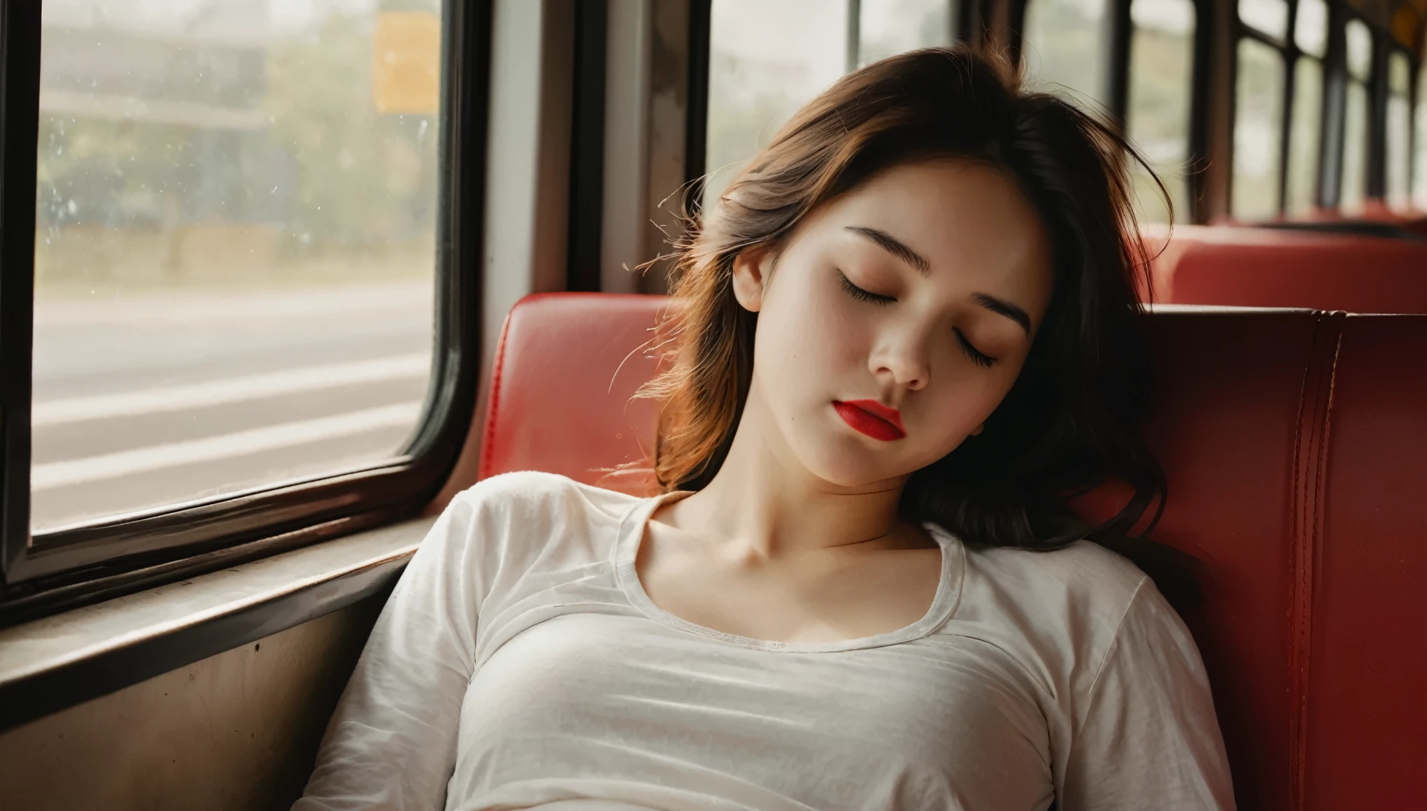 This is a high resolution photo of a cute 25 year old girl sleeping with her eyes closed, She opened her mouth, Her red lips were slightly parted, Her hair is messy、Straight and neat. Her underwear and shoes are faintly visible in the photo., There is also a scene where her buttocks are accidentally exposed.. The photo was taken in natural light, Contrast of sunlight and shadow. The background was taken on a bus, On the seat.