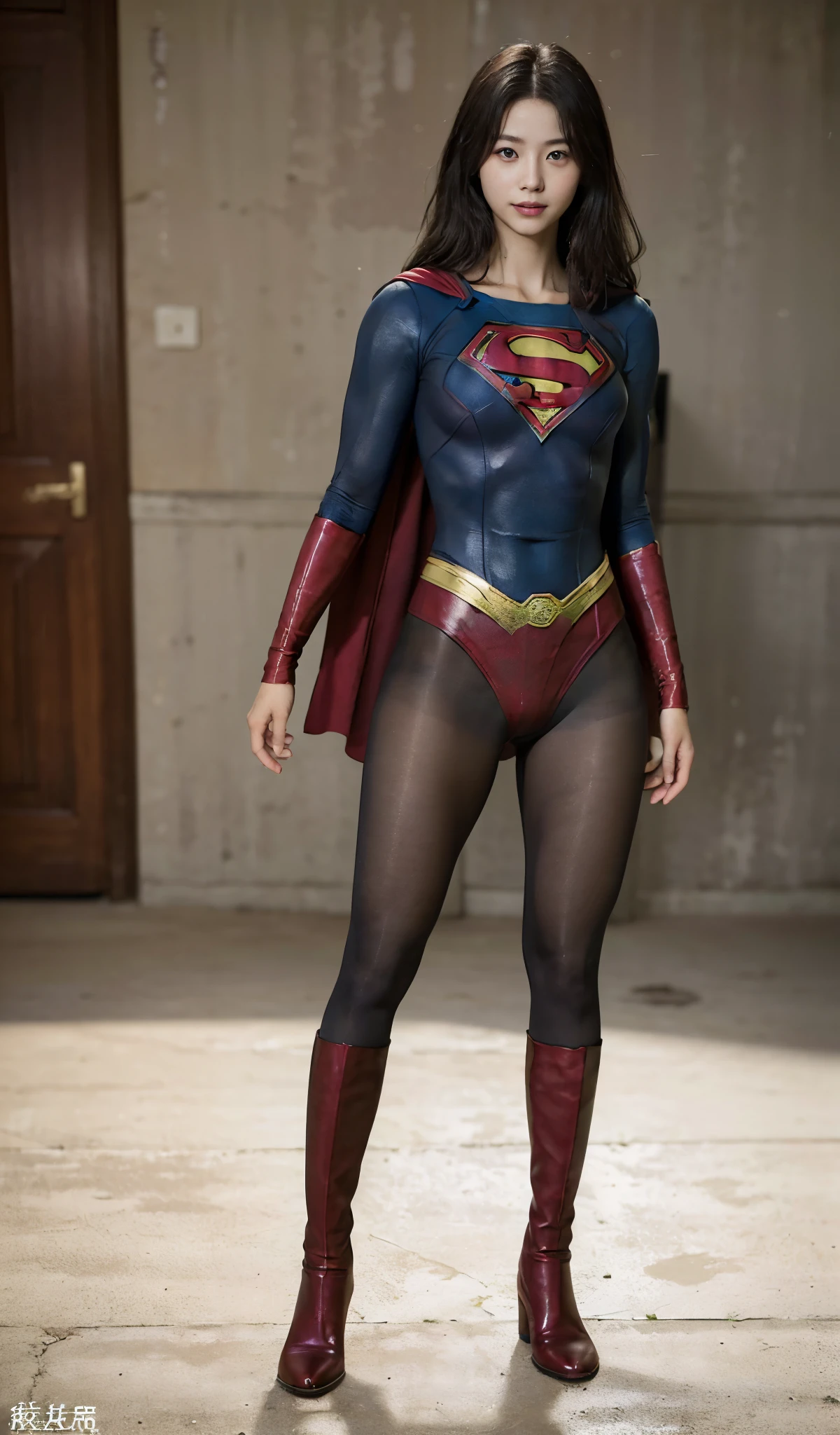 No background、(((Beautiful legs in black tights.)))、(((Legally express the beauty of your smile)))、((((Make the most of your original images)))、(((Supergirl Costume)))、(((Beautiful Hair)))、(((suffering)))、(((Please wear black tights....、Wear red boots)))、((Best image quality、8k))、((highest quality、8k、masterpiece:1.3))、(((Preserve background )))、Sharp focus:1.2、Beautiful woman with perfect figure:1.4、Slim Abs:1.2、Wet body:1.5、Highly detailed face and skin texture、8k