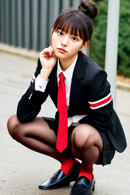 Korean Style Beauty、Black blazer、Black and red striped skirt、Red tie、loafers、squat、Bangs bun hairstyle