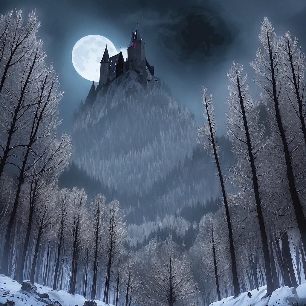 At night the black forest is illuminated by the moon、In the distance there is a black castle with bats flying