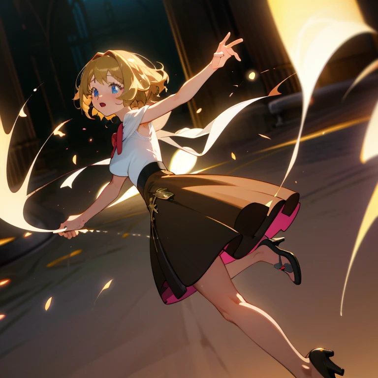 masterpiece,top-quality,horor,Halloween,In the street,Girl dancing hard,a blond,小柄,Laughing,Red face,Wearing sweat,Torn pink maid clothes,torn white stockings,Splashes of pink blood,Pink blood splatters,Bloody,Pop atmosphere,Sweets are scattered,A city decorated with illuminations,Midnight