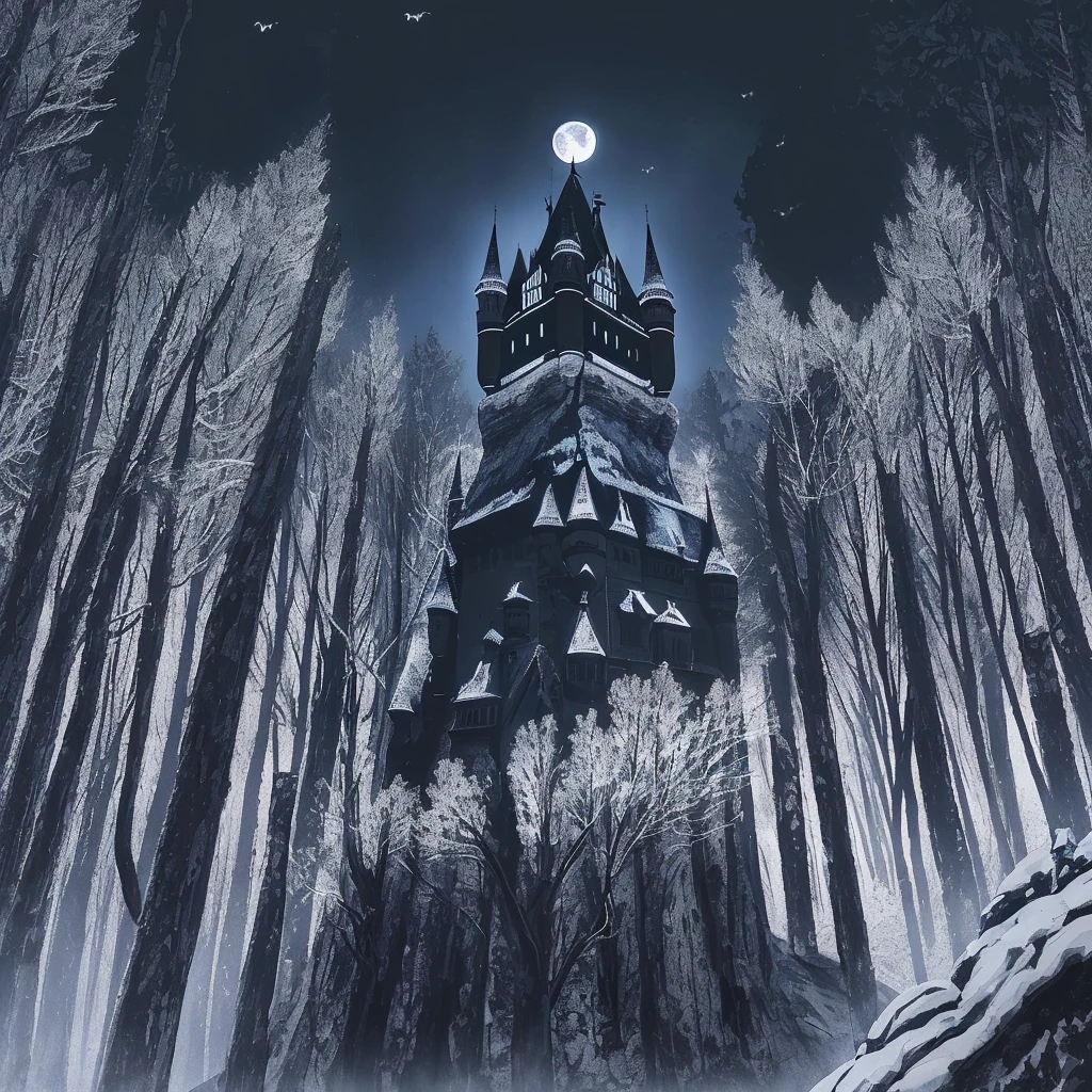 At night the black forest is illuminated by the moon、In the distance there is a black castle with bats flying