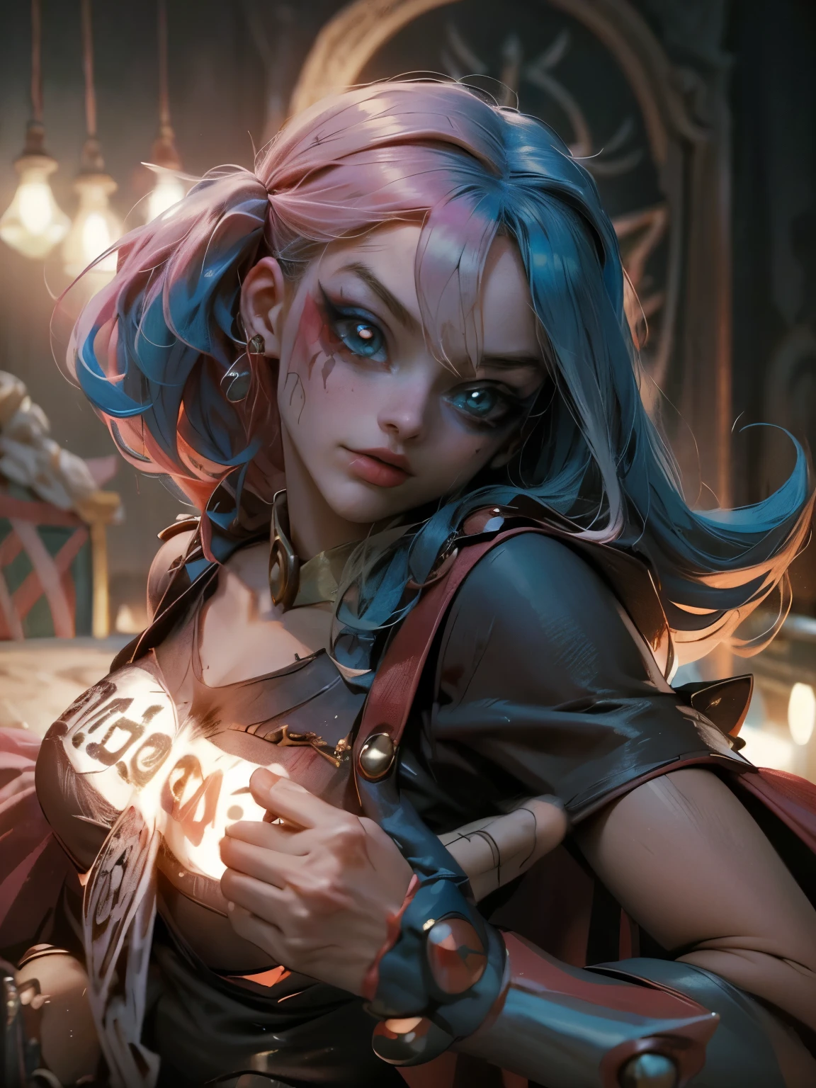 Draw a girl with purple hair, who is happy even though a blood stone is sticking out of part of his face, Put it in a metallic and coppery steampunk-themed environment and have the image seen through the eyes of her father, who is a muscular old man., only his shadow is allowed to be seen. He uses a macabre and realistic style.