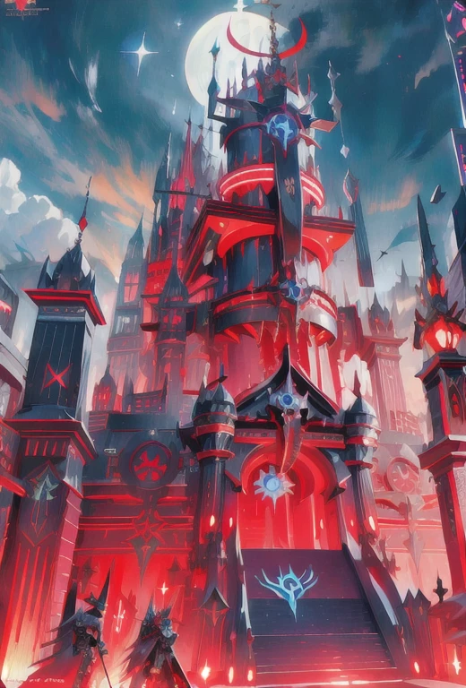 Palacess, cyberpunked palace skycraper fortress,holy swords themed decourations, aggressive  design, blue and red colors, black night sky, futuristic  city, 8k uhd, ultra realistic, ultra detailed, ((photorealistic, masterpiece)), giant holy sword in top of it