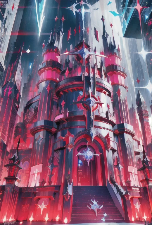 Palacess, cyberpunked palace skycraper fortress,holy swords themed decourations, aggressive  design, blue and red colors, black night sky, futuristic  city, 8k uhd, ultra realistic, ultra detailed, ((photorealistic, masterpiece)), giant holy sword in top of it