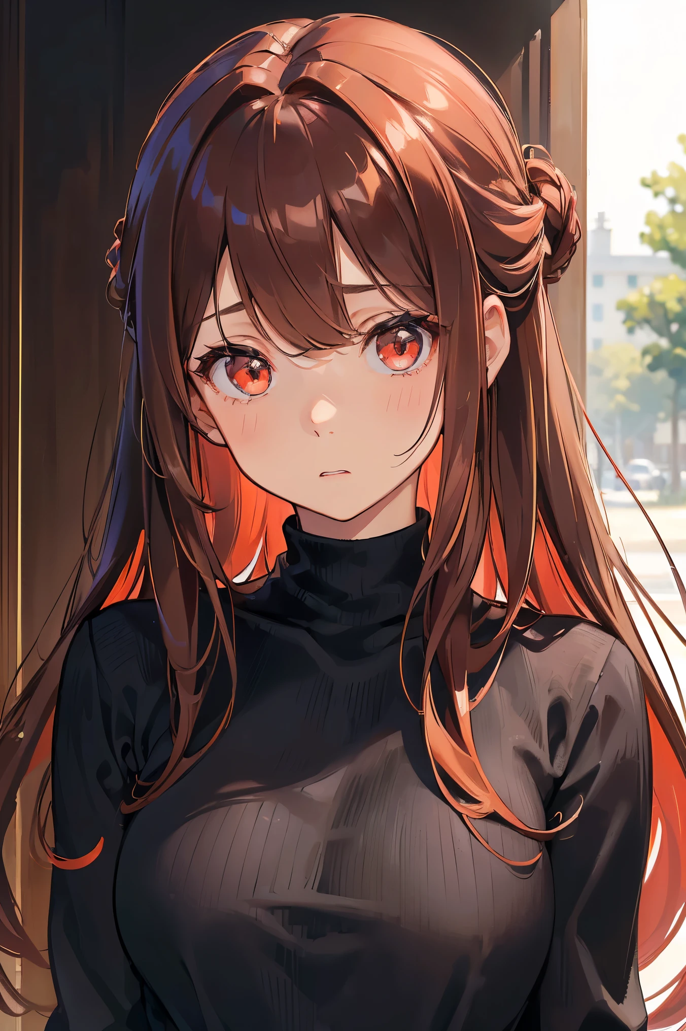 hi quality,1 female, teenagers, brown hair,red dip-dye hair,half updo, ,((shy look)),beautiful medium breasts,thin black turtleneck inner wear,light glay oversized うsweat ,good style,,(facing the front)(((cheeks turn red、surprised expression)),(),((( upper body portrait))),from front,two asymmetry agoge,deep red eyes,(((The bangs are even)))