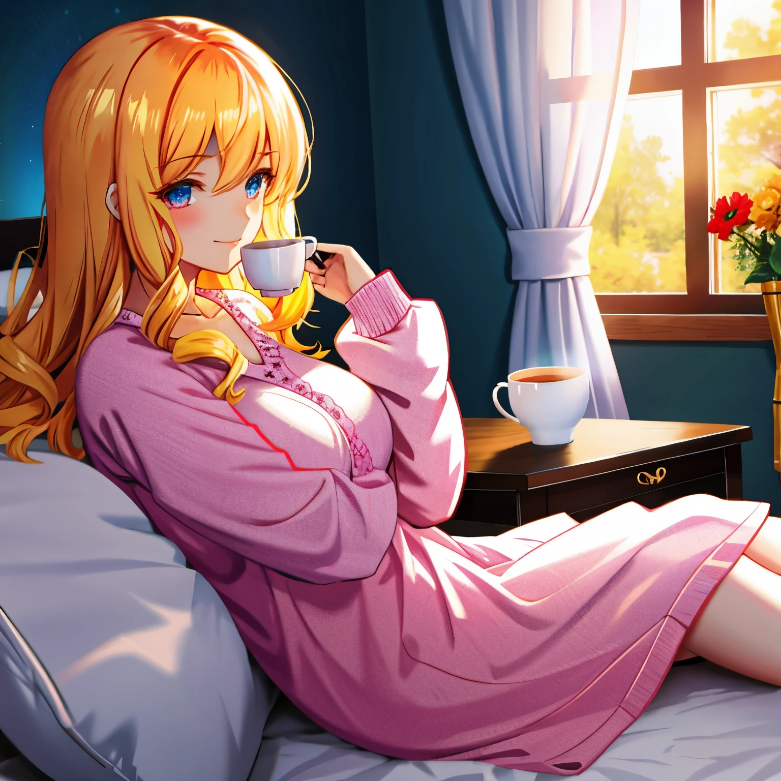 ・A woman who wakes up rubbing her eyes saying good morning
Topic: A woman rubbing her eyes and dozing off to say good morning
Hair: Curly, random colored hair
Eyes: Random color eyes
Background: Cozy and warm bedroom, yellow walls, orange curtains, fluffy pillows
Clothing: Random colored pajamas with cotton and floral pattern
Pose: sitting on bed, holding a mug of coffee, smiling
Perspective: Medium distance view from the side, personality and mood clearly visible
BREAK
## Style
- Versatile: White Anime Barbie, Biomechanical, Anime Moe Art Style, Dress, Desktop Background
- Specialized type: "Fate/Stay Night", "Fate/Grand Order", Kushart Krenz's key art, feminine style
BREAK
## Hairstyle and color (determined by theme, pronto overall): Choose one main style from 5 styles (long hair, ponytail, twin tails, bob cut, long braid) and combine all remaining 4 hairstyles to create an original Please style your hair. You can choose the main hair color from gold, blue, or green, and add the remaining two colors as a gradation color.
BREAK
## Colors: green, blue and gold (added to important elements of the theme), light blue, yellow, silver, crimson (added to other than important elements of the theme)
BREAK
## Body type and complexion: voluptuous, voluptuous, stylish body, rocket breasts, cleavage (between breasts), erection of nipple, hanging breasts, armpits, bare shoulders, breasts, caustics, collarbones, huge breasts , sagging breasts, moles, skin depressions, stomach, thighs, moistwith
BREAK
## image quality
- Universal: golden ratio 1.2, drawing board 1.3
- Specialized: absurdres, highest quality, photo-realistic, hyper-realistic, ultra-detailed illustrations
BREAK
## Quality
- Versatile: Ultra quality
- Specialized: Ultra quality and detailed art
BREAK
## Resolution
- Versatile: 8K, Ultra High Resolution: 1.2
- Specialized: High resolution (HD, 4K, 8K, 16K), 24-bit, 48-bit color bit depth