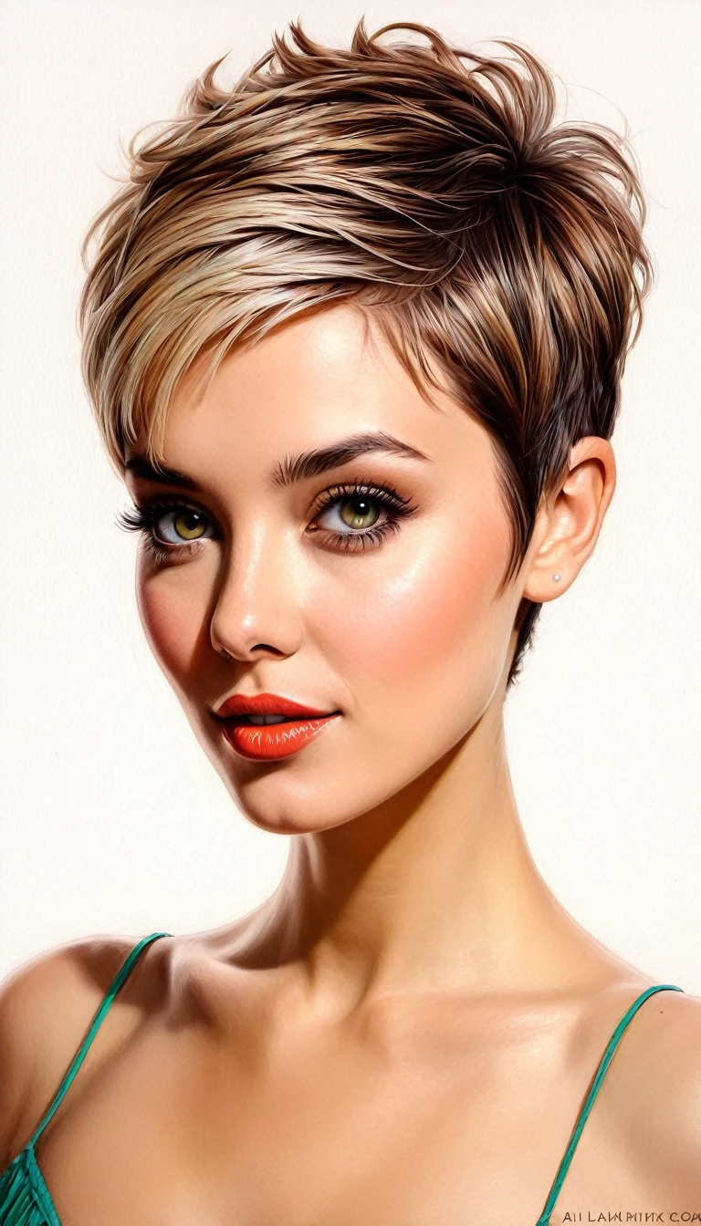crea una mujer de pelo corto pixie, obra maestra, estilo ilustracion de Ali Erturk, alto detalle, hiperrealista, luz natural,ilustracion , colores llamativos