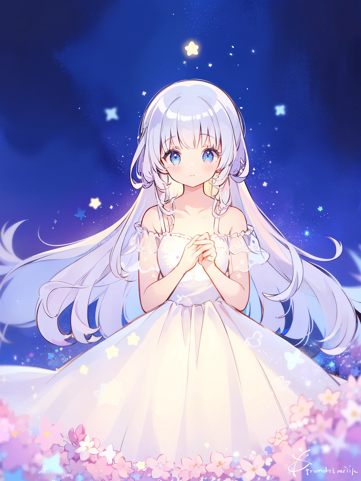 wishing stars, girl wearing an ethereal translucent dress made of stars, magical, fantasy, whimsical, complex drawing, highly detailed, ethereal, starry night, midjourney style