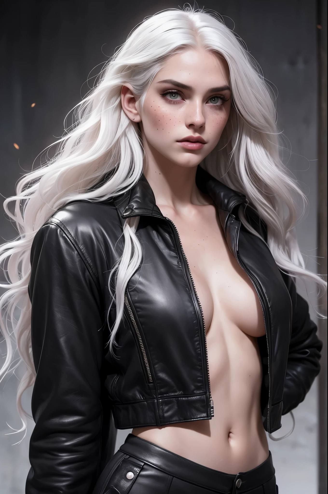 beautiful with long white hair and violet eyes like constellations, parecida com a yennefer do jogo the witcher, athletic body, She wears a black leather jacket and sweatpants..., your face is stained with blood and freckles, Your skin is white, and his expression is angry