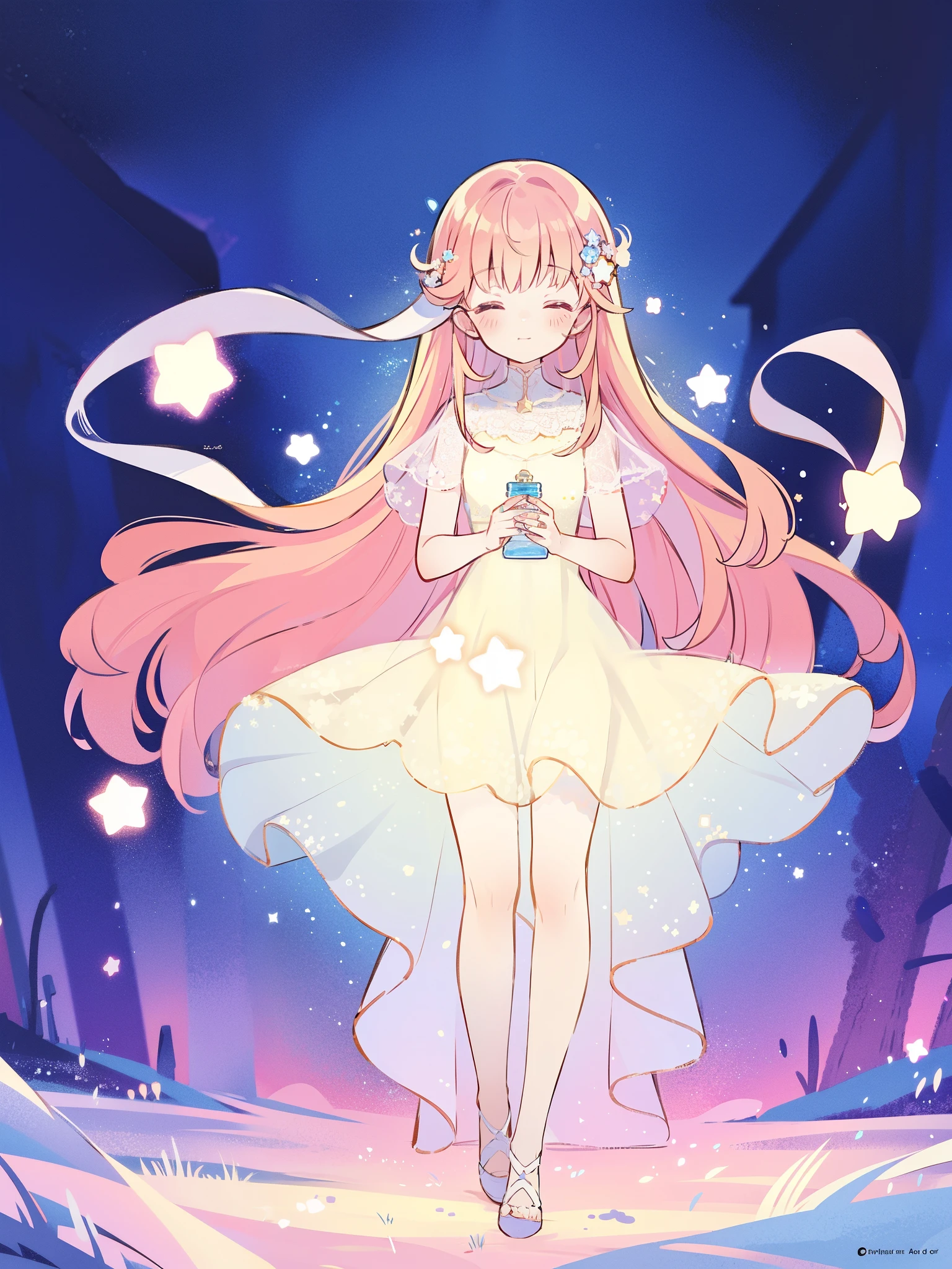 complex background, wishing star background, a woman wearing an ethereal mystical pink translucent dress that reflects the stars, perfume promo art, mystic, complex drawing, highly detailed, Covergirl brand, promo art, artistic rendition, ethereal, starry night, midjourney style