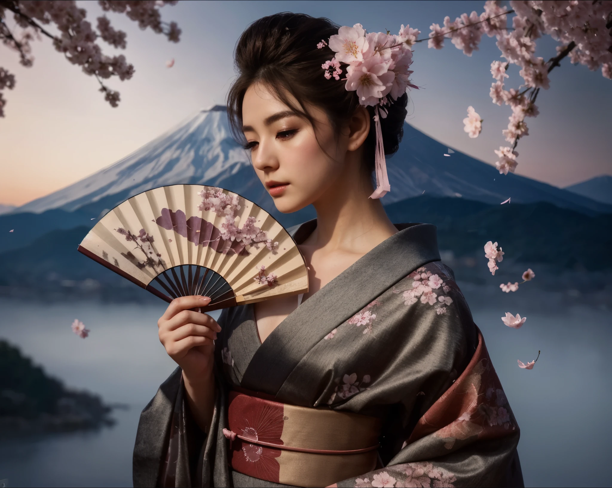 full body professional photography of an elegant Japanese female model dressed in modern trendy attire, ultra realistic, with dramatic lighting, in an attractive pose, adjusted contrast and saturations, resembling photo Sony 7000D with a background of Japanese mountain fuji scenery, high definition, styled as a modern-day geisha, with a subtle fan accessory, featuring an intricate kimono pattern, with a delicate cherry blossom hairpin, with falling cherry blossom petals, and a serene and contemplative expression, with a sunrise effect, enhanced colors in the sky