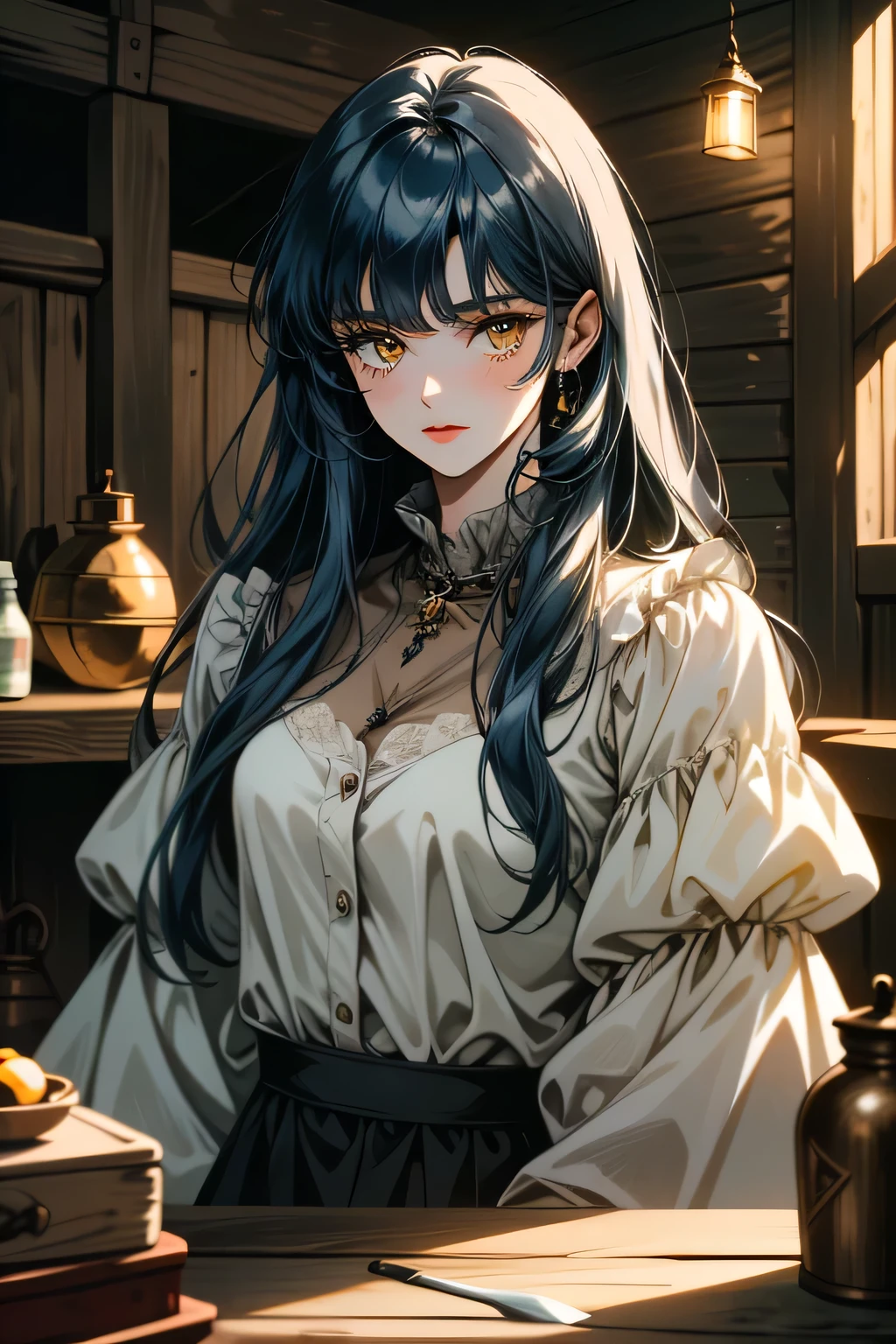 ((ultra detailed, masterpiece, absurdres))
TKNLili, 1girl, solo, long hair, bangs, dark blue hair, yellow eyes, Rustic barn interior, weathered wood, antique tools, warm barn lighting