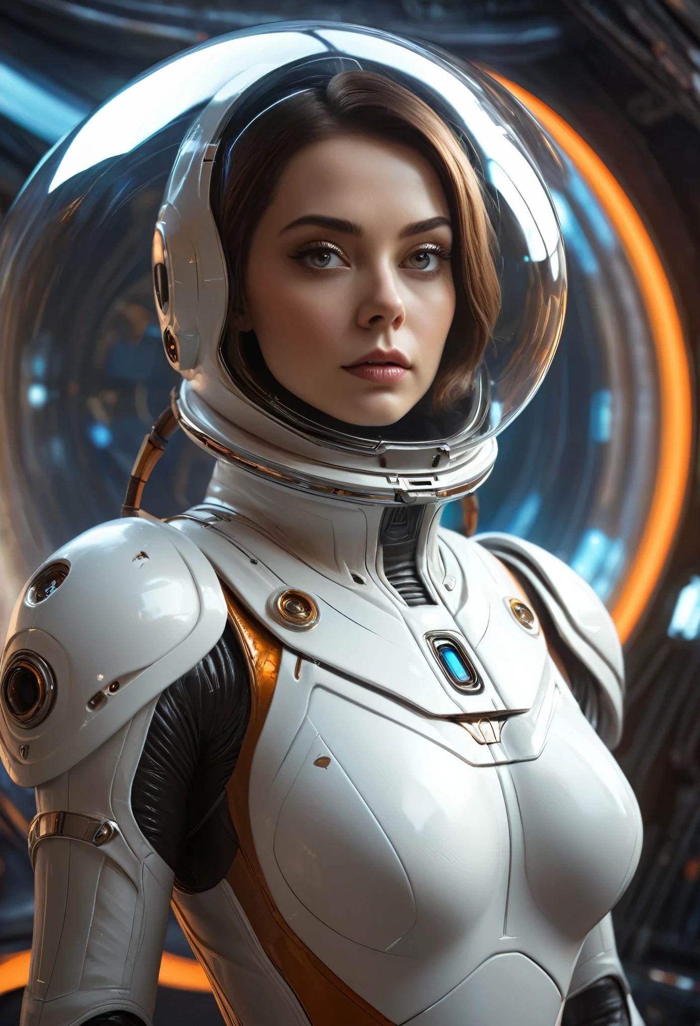 High-definition 16:9 image: A mesmerizing portrait of a white woman, looking like a futuristic android, in a smooth white spacesuit against a bright orange background, reminiscent of retrofuturism and pin-up era art of the 60s and 70s. The main character of this intriguing narrative is a woman standing against the backdrop of a towering megastructure and peering into the endless cosmos. This product embodies the essence of an astronaut with artificial intelligence, thanks to the careful study of every detail, from perfectly designed teeth to the stunningly realistic texture of the suit. The dilated pupils of her eyes reflect, Hyperrealistic, insanely detailed, in the background fantastic sci-fi landscape of the cosmodrome of the future, highest quality, masterpiece, 16K, (HDR: 1.4), high contrast, bokeh: 1.2, lens flare, (bright colors: 1.4), (muted colors, soft colors, soothing tones:0), cinematic lighting, ambient lighting, side lighting, exquisite details and textures, cinematic shot, Warm tones, wide shot, by playai, ultra-realistic illustration, natural sienna color ratio, anime style,, shadows, canvas, oil, smooth, ultra-high resolution, 8k, unreal engine 5, ultra-sharp focus, art from artgerm, loish, fiction, complex artistic masterpiece, sinister, matte-painted film poster, golden ratio, trending on cgsociety, intricate, epic, trending on artstation, author of Artgerm, H. R. giger and Beksinski, highly detailed, vivid, staged cinematic rendering of characters, ultra-high quality model, close-up, ultra-detailed, trend on artstation, clear focus, studio photo, complex details, high detail, Greg Rutkowski,photorealistic