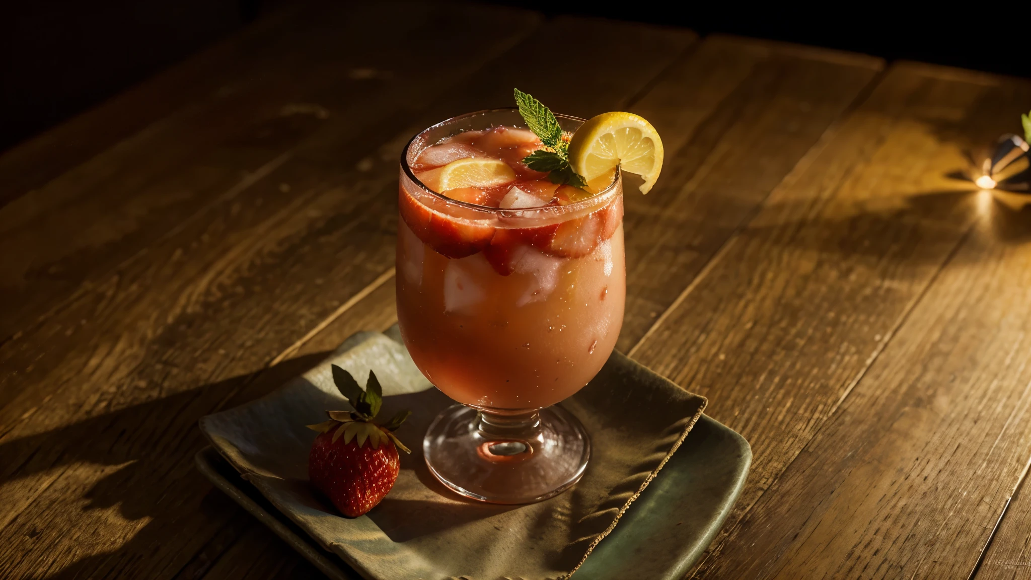 Strawberry Drink with Lemon and Mint, Professional Photography, Three-Point Lighting, High Quality, 4K, Aerial Perspective, Focus on the Drink, Play of lighting and colors, set on a dimly lit, dark restaurant table with yellowish lights and a rustic appearance . Bluish background complementing yellowish lights
