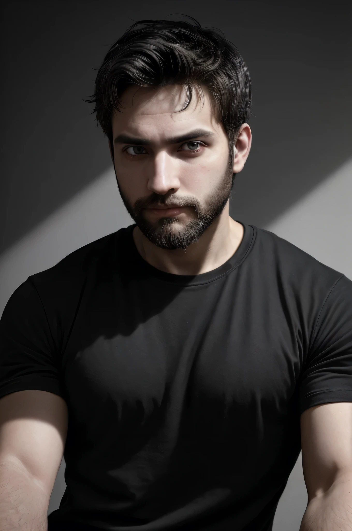 homem bonito com barba, usando camiseta all black, 20 anos, dynamic lighting, pose contida, metade do corpo, de frente