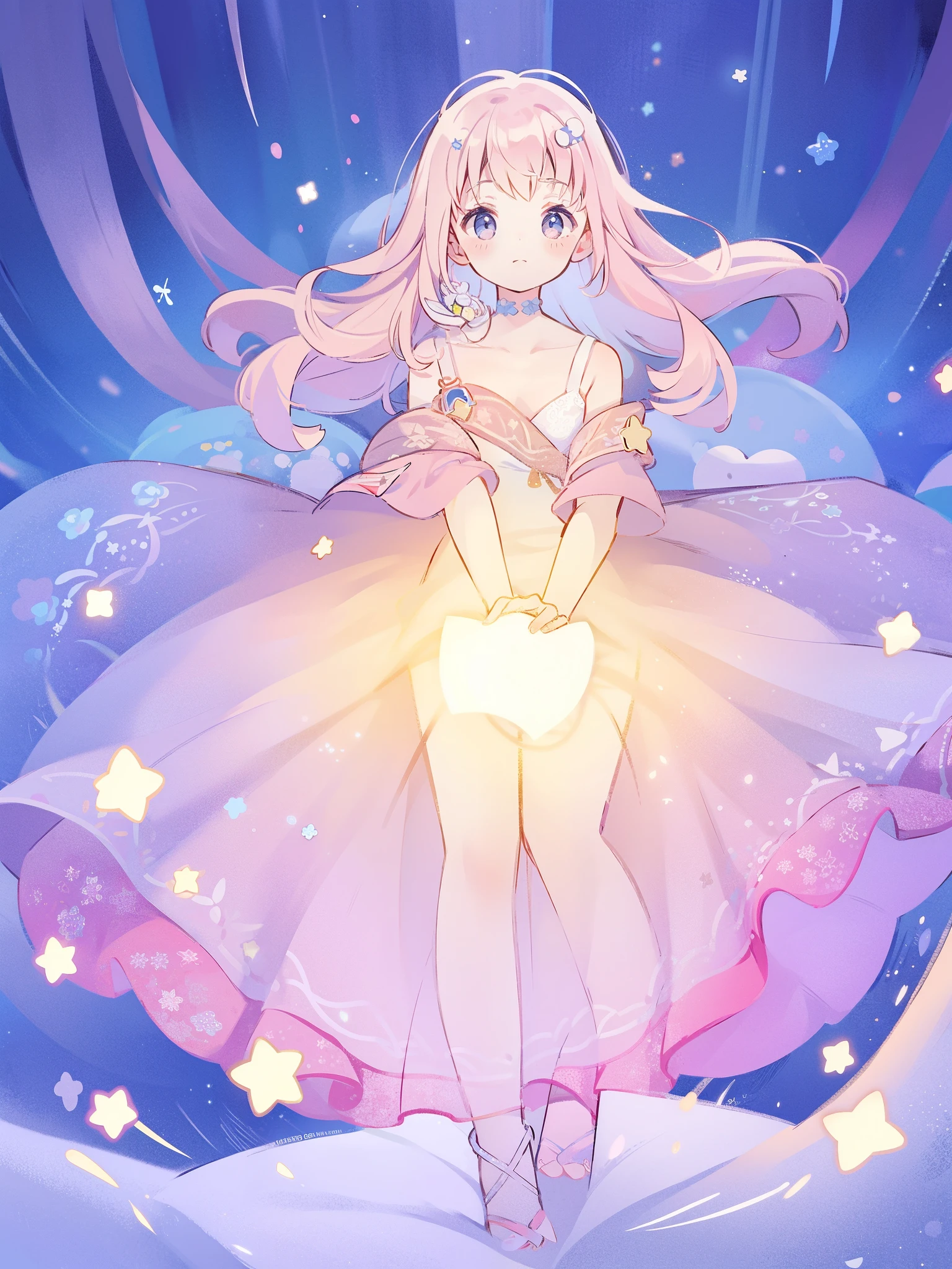 complex background, wishing star background, a woman wearing an ethereal mystical pink translucent dress that reflects the stars, perfume promo art, mystic, complex drawing, highly detailed, Covergirl brand, promo art, artistic rendition, ethereal, starry night, midjourney style