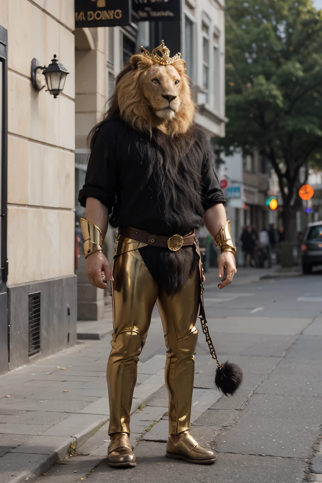 lion photo from the front, full body, with king crown and shiny gold chain, predominant purple color, 3d, realistic