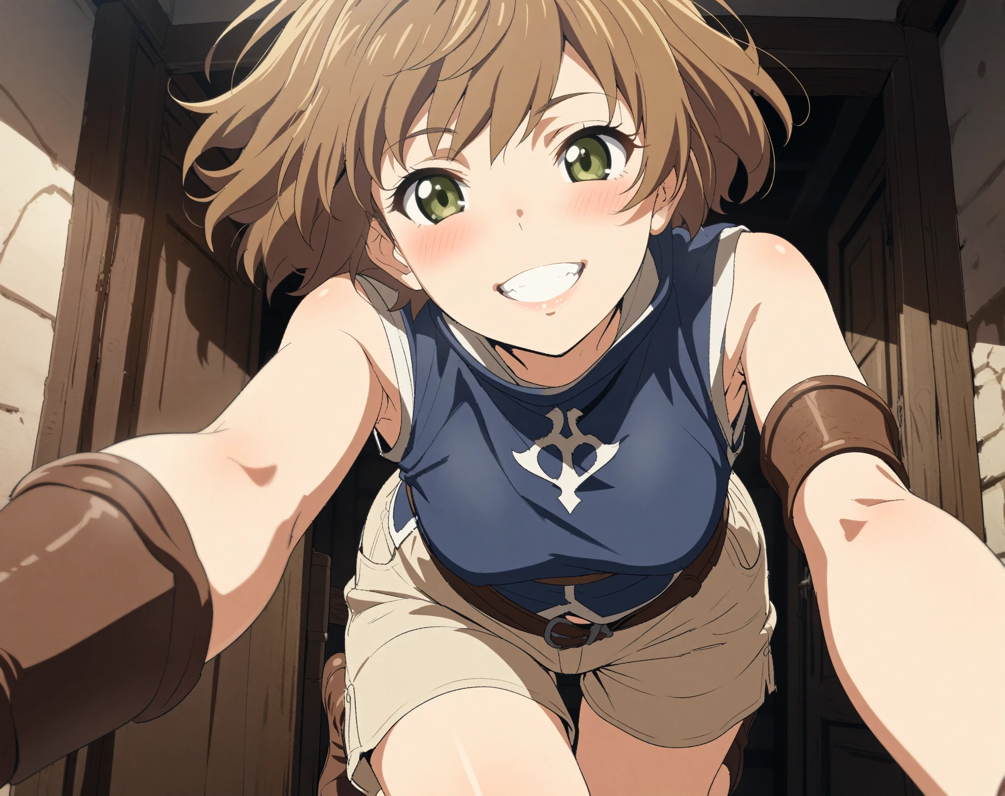 (Masterpiece, best quality, highres) {{Artist: Sincos}} 1 woman, very short, solo, 23 years old, brown hair, short hair, hazel eyes, lips, blushing, leather armor, sleeveless, vambraces, blue tabard, beige shorts, jumping towards camera, mid-air, looking at camera, pov, grin, happy, inside bedroom, medieval fantasy.