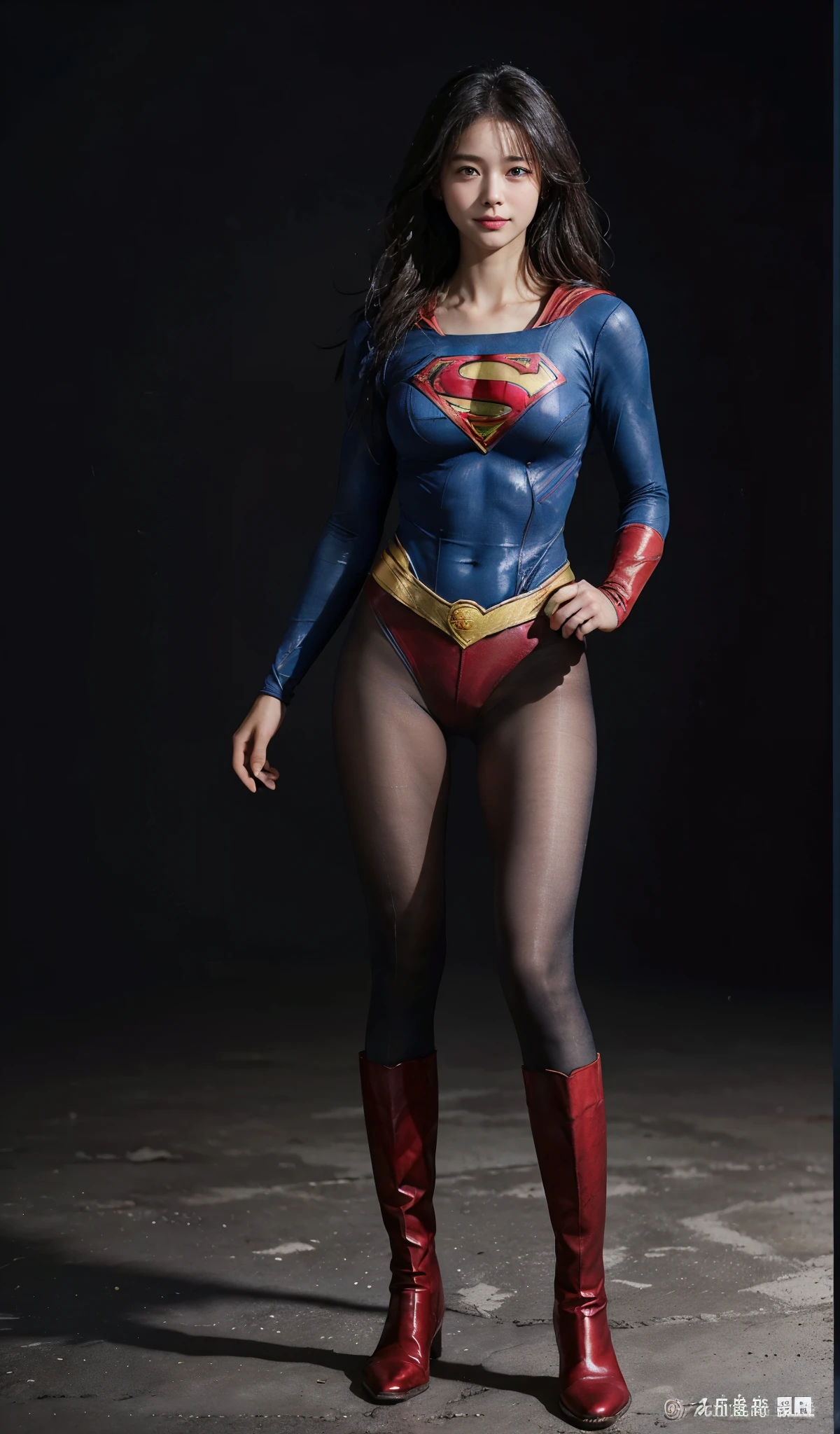 No background、(((Beautiful legs in black tights.)))、(((Legally express the beauty of your smile)))、((((Make the most of your original images)))、(((Supergirl Costume)))、(((Beautiful Hair)))、(((suffering)))、(((Please wear black tights....、Wear red boots)))、((Best image quality、8k))、((highest quality、8k、masterpiece:1.3))、(((Preserve background )))、Sharp focus:1.2、Beautiful woman with perfect figure:1.4、Slim Abs:1.2、Wet body:1.5、Highly detailed face and skin texture、8k