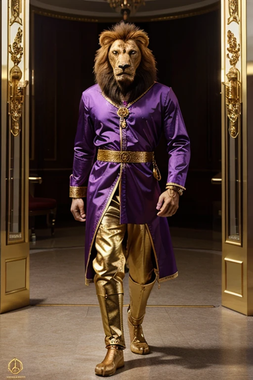 lion photo from the front, full body, with king crown and shiny gold chain, predominant purple color, 3d, realistic