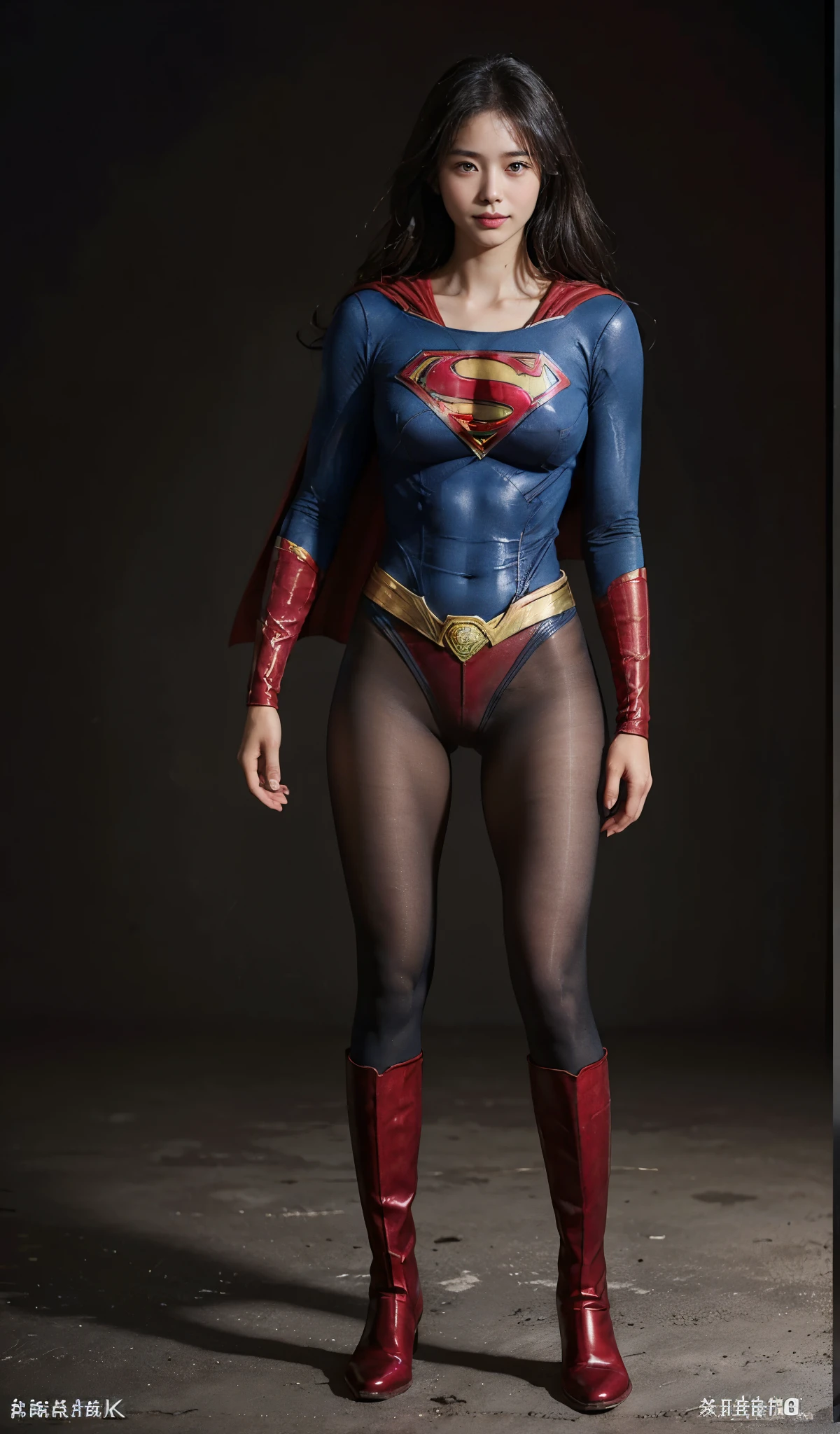 No background、(((Beautiful legs in black tights.)))、(((Legally express the beauty of your smile)))、((((Make the most of your original images)))、(((Supergirl Costume)))、(((Beautiful Hair)))、(((suffering)))、(((Please wear black tights....、Wear red boots)))、((Best image quality、8k))、((highest quality、8k、masterpiece:1.3))、(((Preserve background )))、Sharp focus:1.2、Beautiful woman with perfect figure:1.4、Slim Abs:1.2、Wet body:1.5、Highly detailed face and skin texture、8k