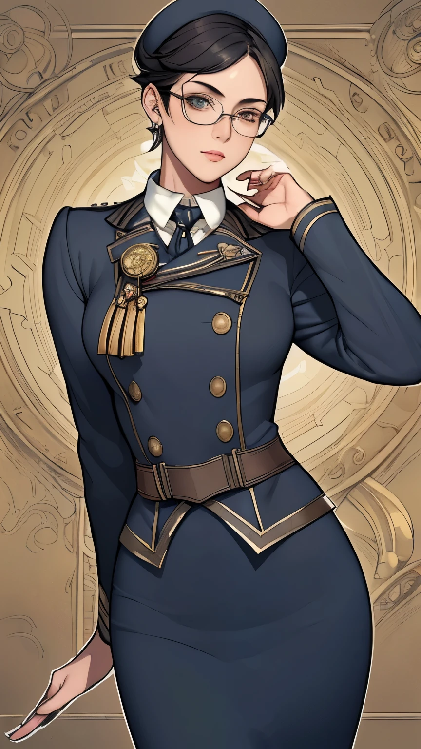 (masterpiece:1.3), (disorganized:1.3), (highest quality:1.3),(perfect anatomy),detailed face,Steam punk, victorian era,Hong kong,horizontal angle,hands,((looking at viewer)), (Super detailed:1.3),(best shadow:0.7), solo,1 middle aged woman,saggy small breast,(treated hair), pixie cut,fine eyes, beautiful eyes, 1 middle aged woman, ((saggy small breast)),naval officer,alone, standing, crystal earrings,closed_mouth, arm_behind_return, (naval officer uniform,pencil skirt,tie),insignia,glasses,rest outdoors, intimidating pose,cowboy shot