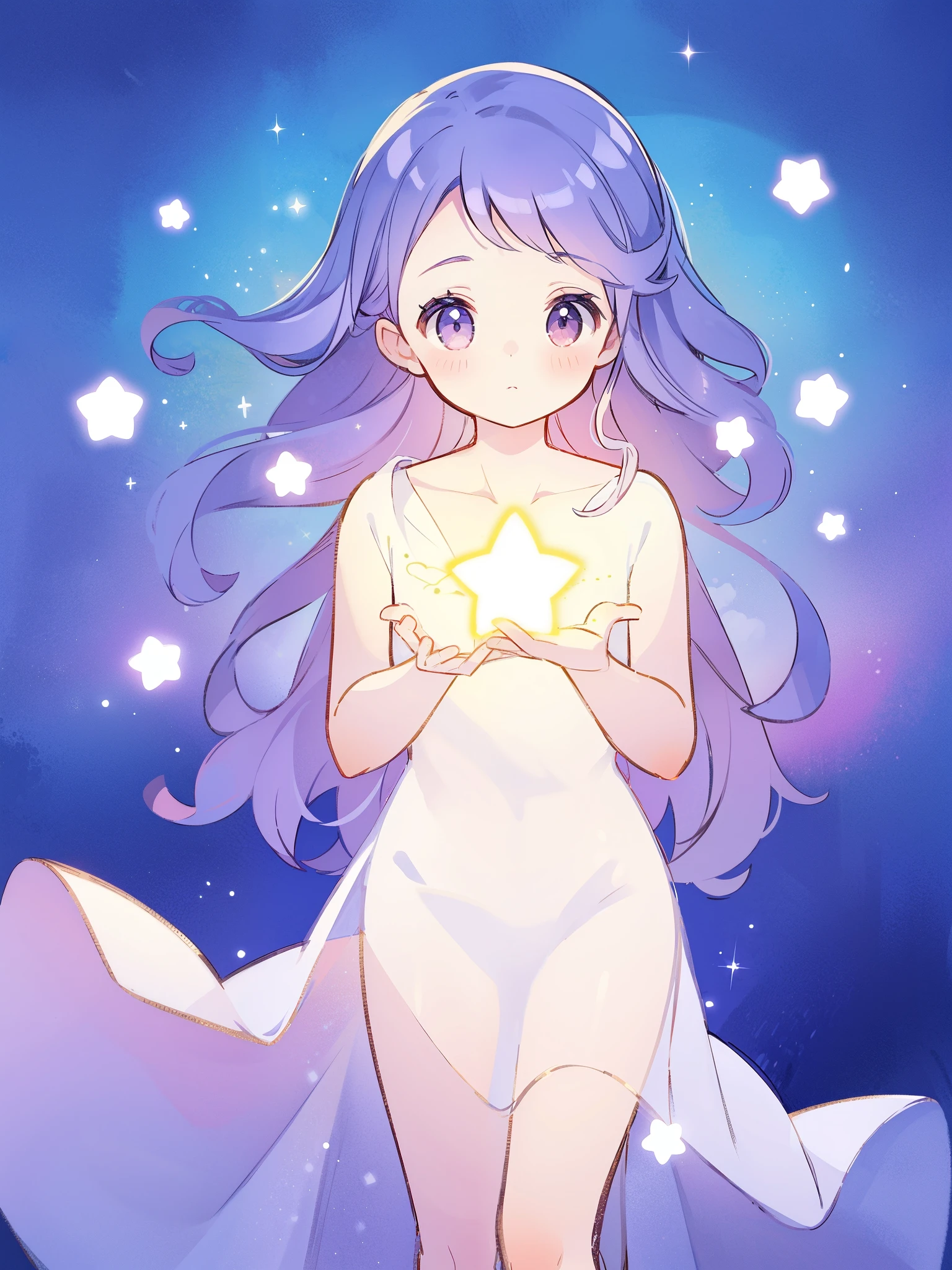 wishing star background, beautiful nude woman wearing translucent sparkling doll dress, glowing star in front of woman's chest, magical, complex drawing, highly detailed, ethereal, starry night, midjourney style