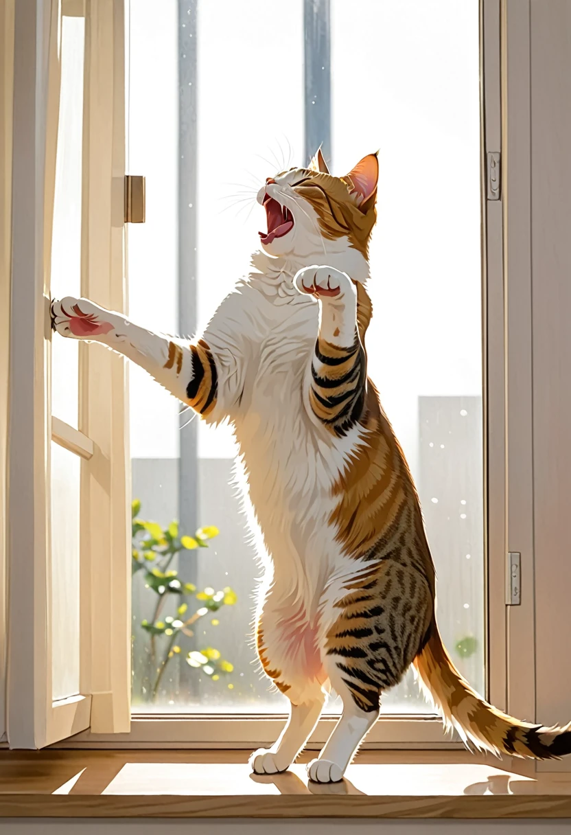 early morning、The cat at the window stretches and yawns