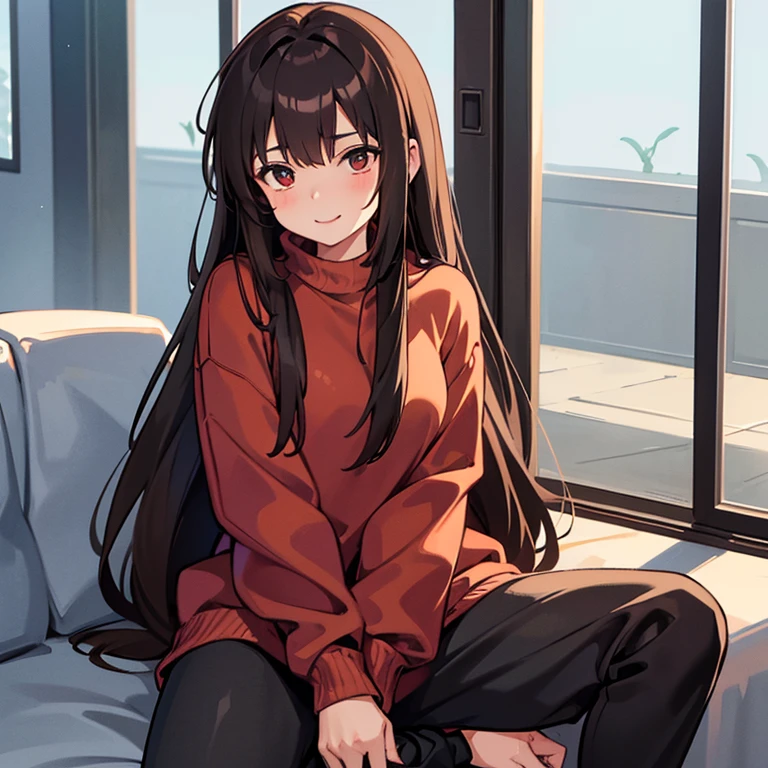 Girl with dark brown hair with a nice smile wearing a long sleeve sweater that covers her completely with black pants not so long hair that is short red sweatshirt with large long sleeves and her hair covers her a little and she is sitting