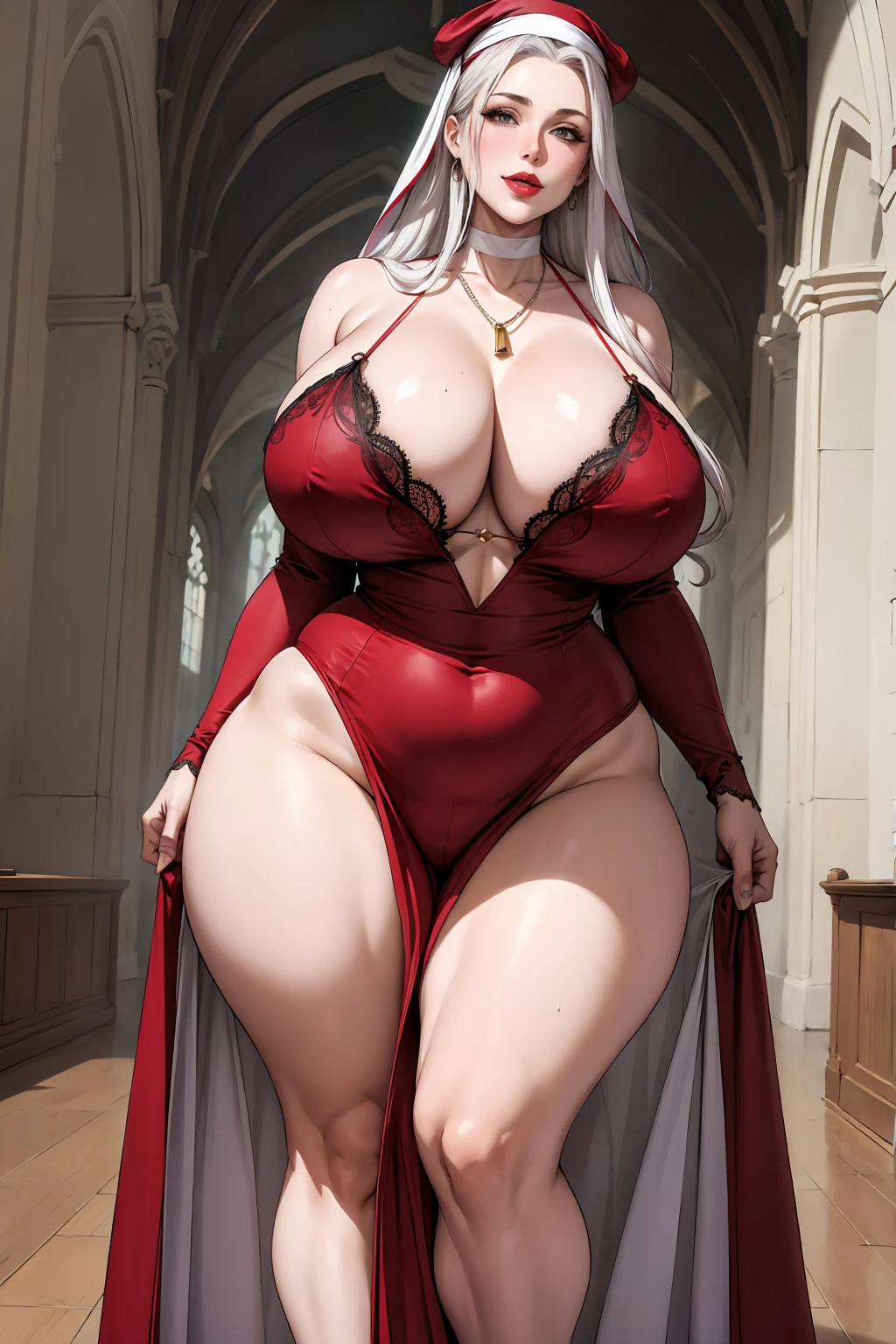 nsfw, (masterpiece:1.2, best quality), realistic, (real picture, intricate details, depth of field), (1girl, solo),milfication, milf, (mature female), 40 year old woman, make up, smiling , parted lips, highly-detailed, gorgeous perfect face, (huge breasts), (sagging breasts), (skindentation), ((huge thighs)), wide hips, average waist, tall, Luscious red lips, thick lips, (Voluminous white hair), beautiful eyes, nun cap, nude, topless, puffy nipples, (pussy), big angel wings, bare shoulders, navel, arm gloves, cross necklace, cross earrings, stockings, (sweating:1.1), sexy, blushing, (Adult Temptress) Voluptuous, Curvy, (sexy dynamic pose), posing , ((Deep Cleavage)), church, stained glass windows, bedroom, bed, sexy pose, head tilt, on back, spread legs, dakimakura pose, hand on own chest, ((from below)), (hip focus)