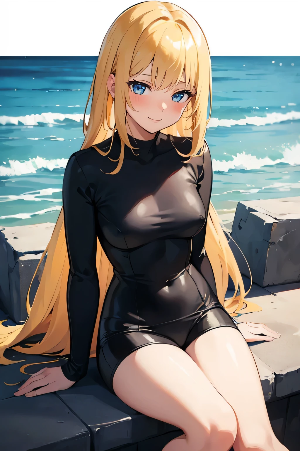 Safe for work, masterpiece, best quality, solo, 1 girl, (young female body:1.4), ( medium breasts), slender legs, golden yellow hair, extra long hair, blunt bangs, crystal blue eyes, very detailed eyes, beach, sitting, elegant, smiling, flustered, cute girl, cowboy shot, black rashguard swimsuit with shorts, completely black swimsuit, detailed eyes, expressive face, built in shorts, black modest swimsuit with shorts