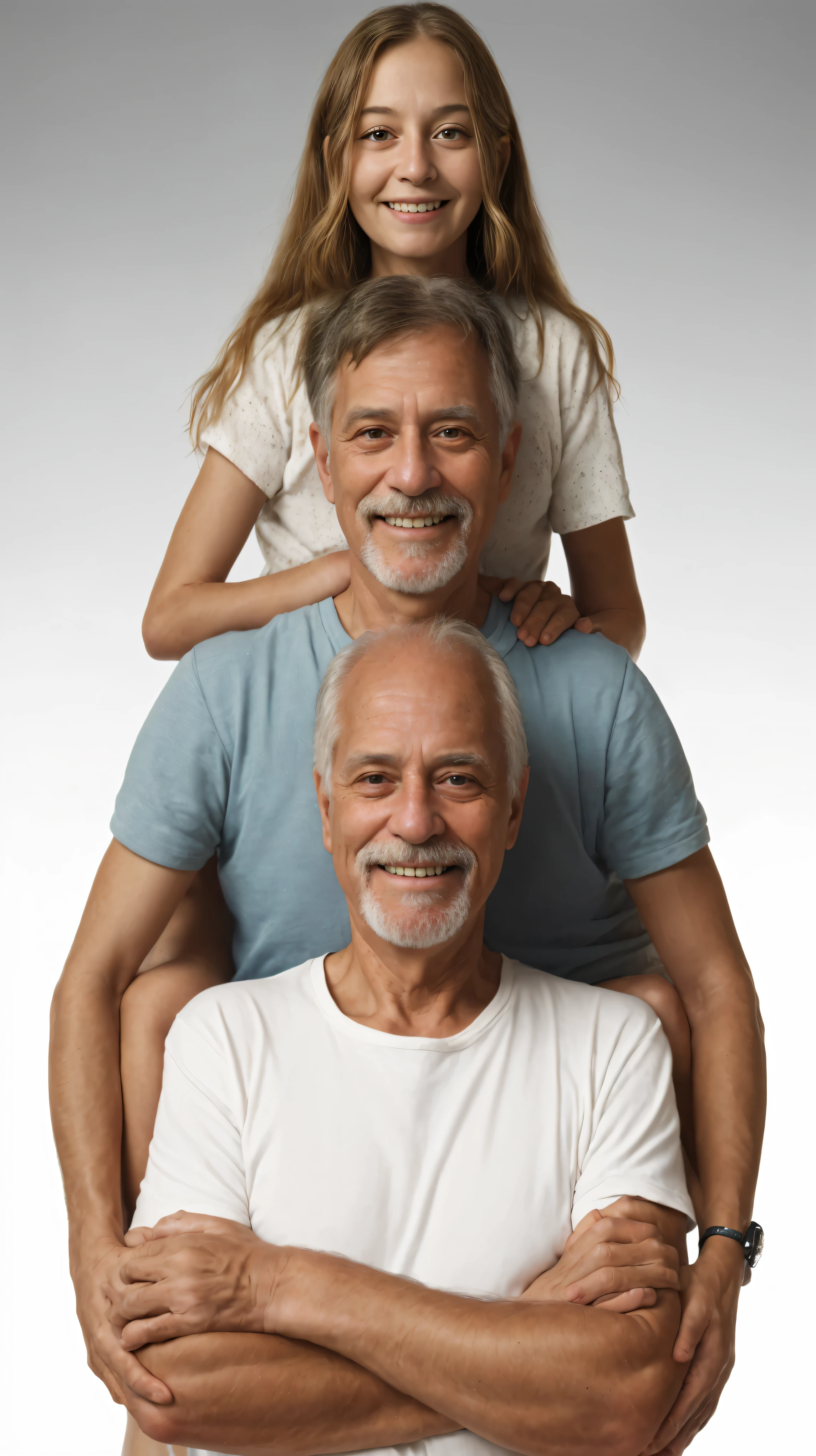 grandfather, father and granddaughter. Masterpiece. High quality. High definition. Studio Light. Natural and expressive smile. 55 year old grandfather. 30 year old son. 8 year old granddaughter. 4K.