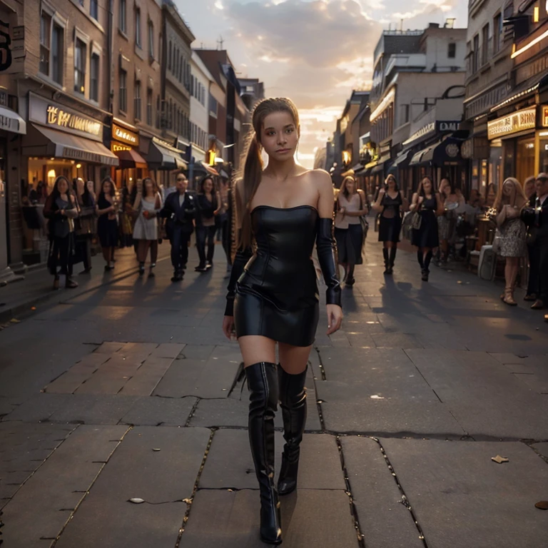 Full body,((best quality))), ((ultra-detailed)),((an extremely delicate and beautiful)), 18 year old woman, 1 girl,long hair, dark blonde hair, ponytail, black dress,strapless dress, short dress, black heel boots,thigh high boots, night, :1.5,outdoors,((public,street)), crowded street,crowd:1.3, walking,looking at viewer,city background 