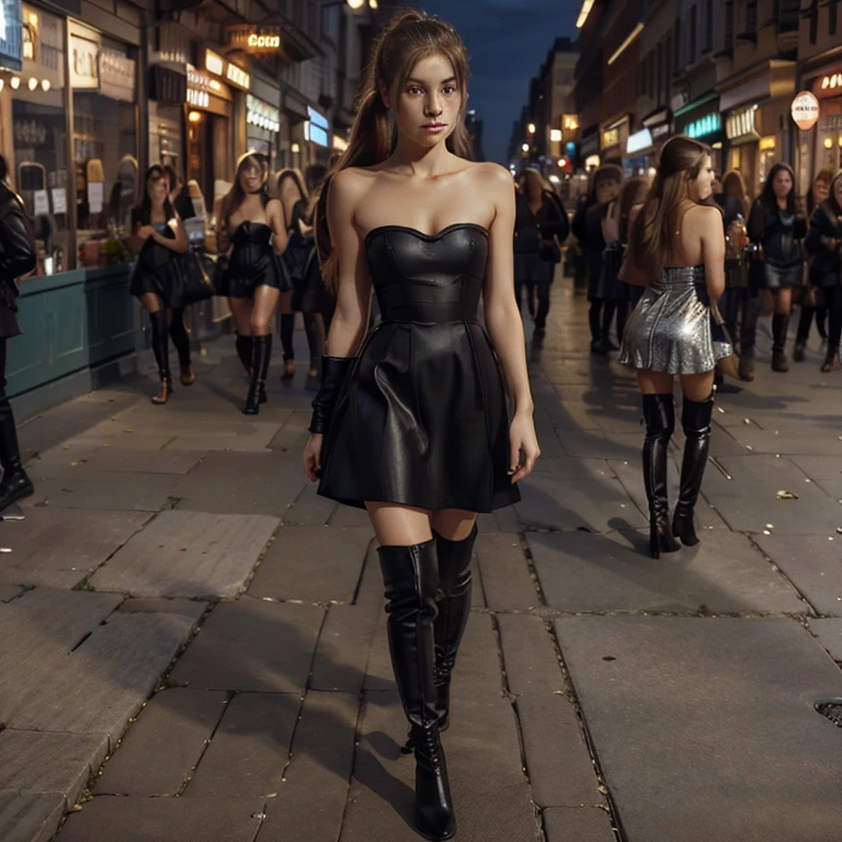 Full body,((best quality))), ((ultra-detailed)),((an extremely delicate and beautiful)), 18 year old woman, 1 girl,long hair, dark blonde hair, ponytail, black dress,strapless dress, short dress, black heel boots,thigh high boots, night, :1.5,outdoors,((public,street)), crowded street,crowd:1.3, walking,looking at viewer,city background 