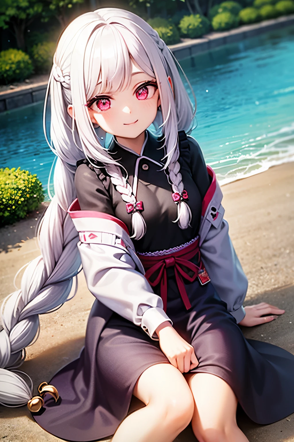The hair is parted in the center and braided in front、The tips of her white hair are purple with a gradation、Smiling girl with red eyes
