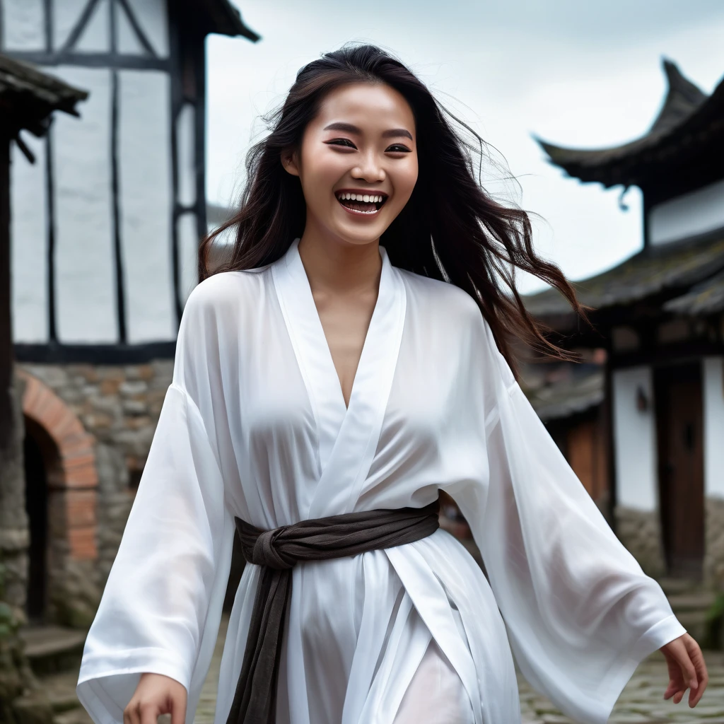 A divine Asian spirit, Malaysian woman, age 25, ankle length hair, white billowing silken robes with platinum trim, glowing eyes, and a unholy aura, she is laughing cruelly, she floats above a corrupt magic circle in a medieval European village, black serpentine asian drakes slither around the edges of the scene(almost out of sight, almost out of reach). (best quality, 4k, highres, masterpiece:1.2), ultra-detailed, (realistic, photorealistic, photo-realistic:1.37), HDR, UHD, studio lighting, ultra-fine painting, sharp focus, physically-based rendering, extreme detail description, professional, vivid colors, bokeh, portraits, landscape, horror, anime, sci-fi, photography, concept artists, vibrant colors, soft lighting.