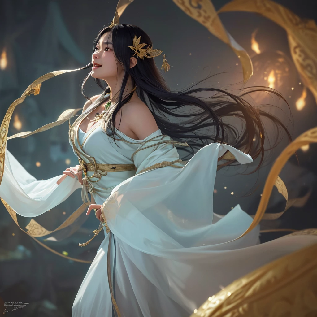 A divine Asian spirit, Malaysian woman, age 25, ankle length hair, white billowing silken robes with platinum trim, glowing eyes, and a unholy aura, she is laughing cruelly, she floats above a corrupt magic circle in a medieval European village, black serpentine asian drakes slither around the edges of the scene(almost out of sight, almost out of reach). (best quality, 4k, highres, masterpiece:1.2), ultra-detailed, (realistic, photorealistic, photo-realistic:1.37), HDR, UHD, studio lighting, ultra-fine painting, sharp focus, physically-based rendering, extreme detail description, professional, vivid colors, bokeh, portraits, landscape, horror, anime, sci-fi, photography, concept artists, vibrant colors, soft lighting.