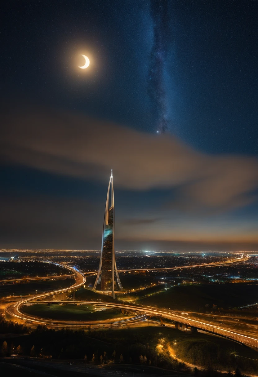 Giant Crescent Moon, high quality image, Raw, Standing in Almaty Tower, 20 yo woman, nighttime scene, Milky Way Galaxy, Andromeda Nebula, streets of Almaty, Smooth lines of light, Metropolitan Expressway Interchange, Fort, Rainbow Bridge, Approaching Planets.