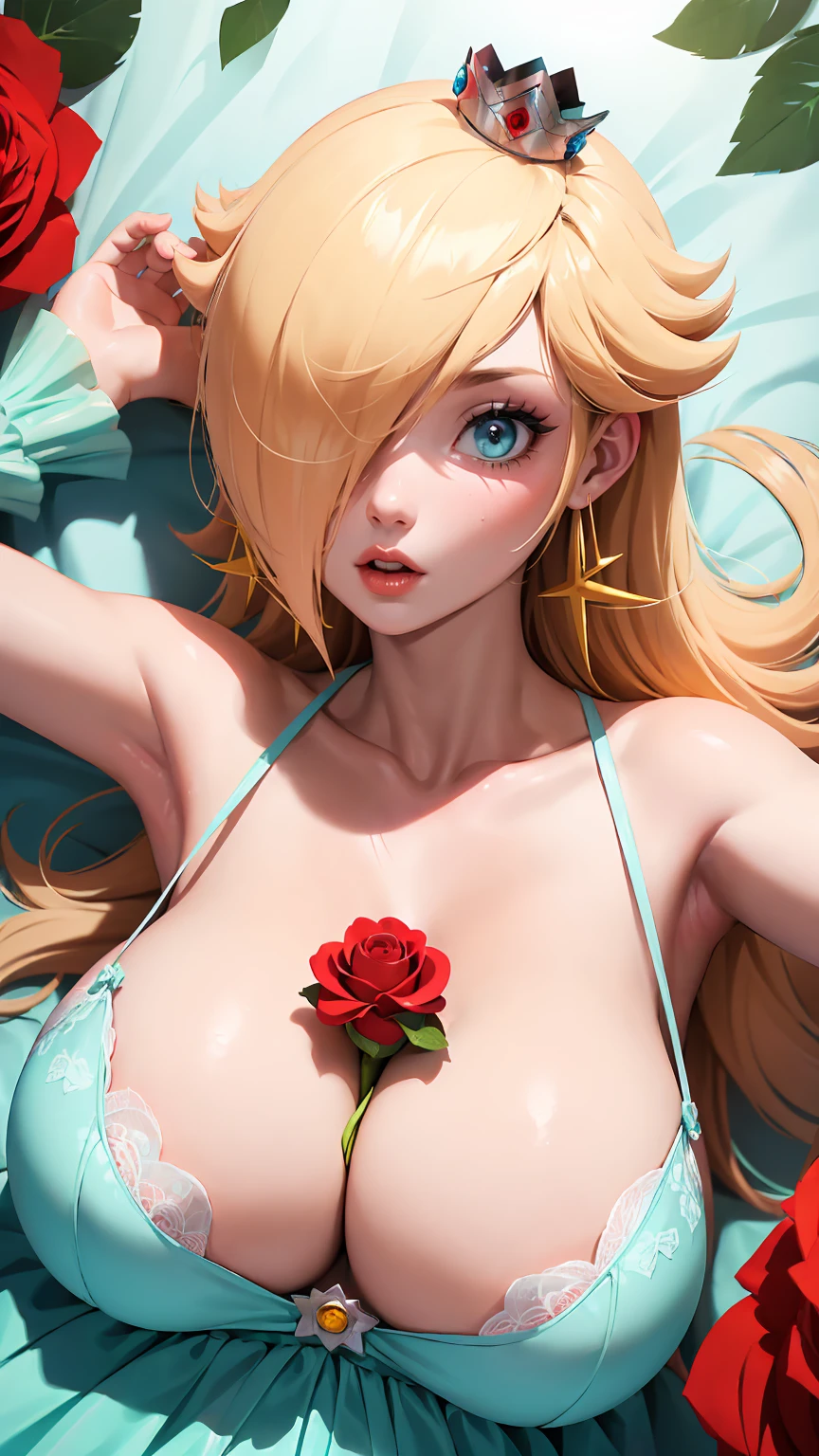 (best quality). (Ultra Detalhado). (1girl), Olhando para o Viewer. (Antecedentes detalhados). belos olhos detalhados. rosto delicado e bonito. (high saturation), seios grandes, droopy breasts, bra with straps, gigantic rose flower, gigantic rose between breasts, gigantic rose between cleavage, crown, (gigantic rose), (Big rose), (large stem rose between breasts), (very long rose), (red rose: 1.5), (paizuri invitation), (lying down)