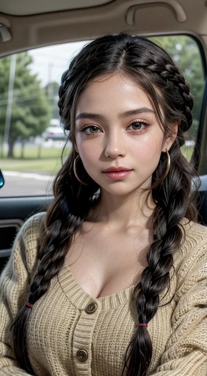 A busty woman of 1 meter and 60 years old in front of the car raining with her body all wet and the rain falling on her Walking with her feet on the ground and her hair braided in a compound, elegant style is portrayed in a stunning scene. Your braided hair displays a variety of patterns and textures, demonstrating skill and art in creating the hairstyle. The woman is portrayed with a confident posture, sorridente e orgulhosa, destacando sua beleza e autenticidade. Your facial features are distinct and expressive, reflecting your individuality and inner strength. The scene is softly lit, highlighting the details of the braided hair and the beauty of the woman. Your presence is captivating, conveying a sense of grace and determination. This depiction of a black woman with braided hair is a celebration of black culture and beauty., capturing the elegance and pride of a traditionally significant hairstyle. ela toda molhada